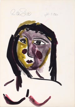 Portrait d'une femme avec des œillets roses d'après Picasso en acrylique sur papier