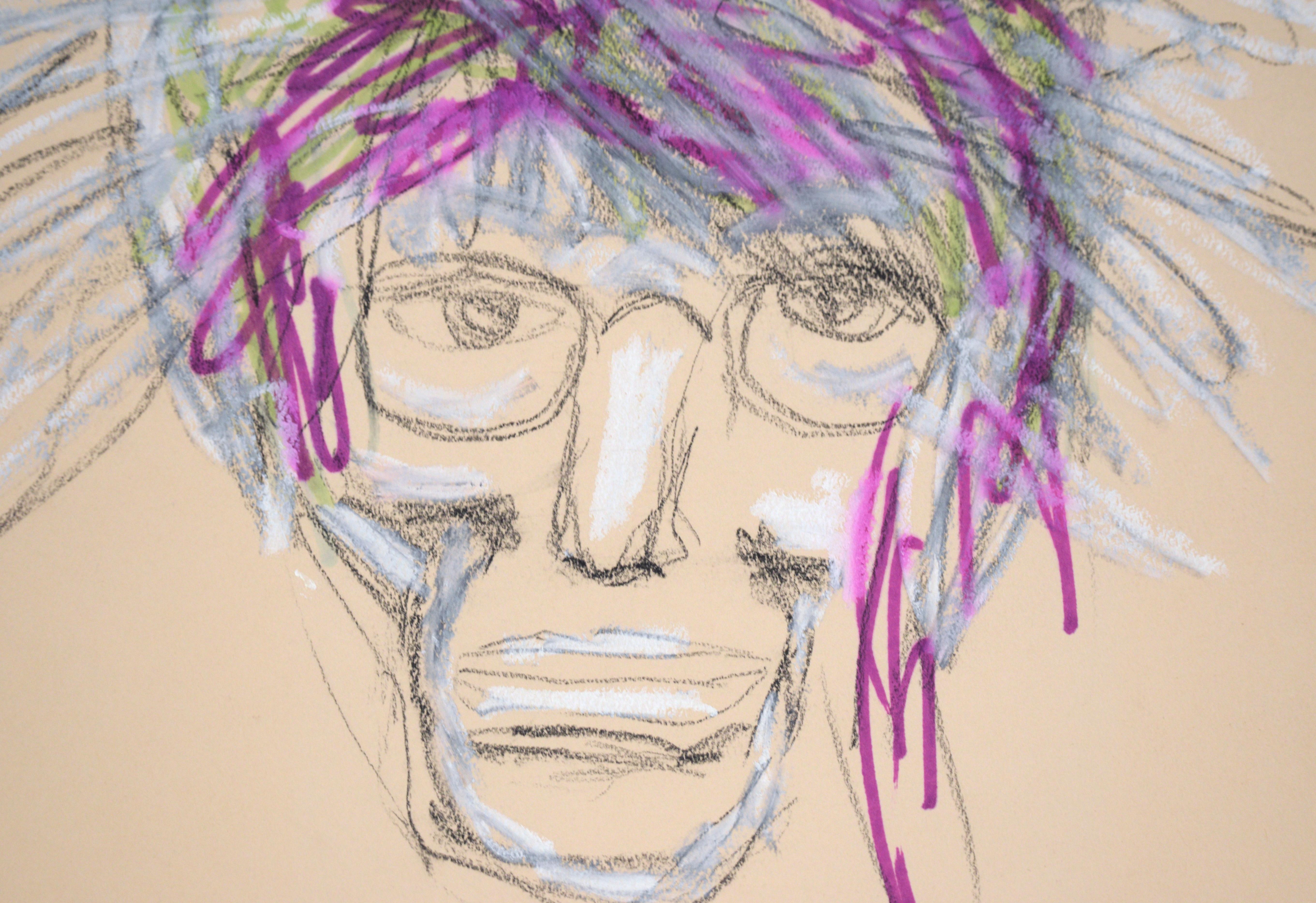 Portrait of Andy Warhol with Purple Hair in Pastel and Gouache on Paper

Whimsical portrait by Ricardo de Silva (Brazilian, 20th Century). Andy Warhol is looking directly at the viewer with wild purple, white, and green hair. Above his head are the