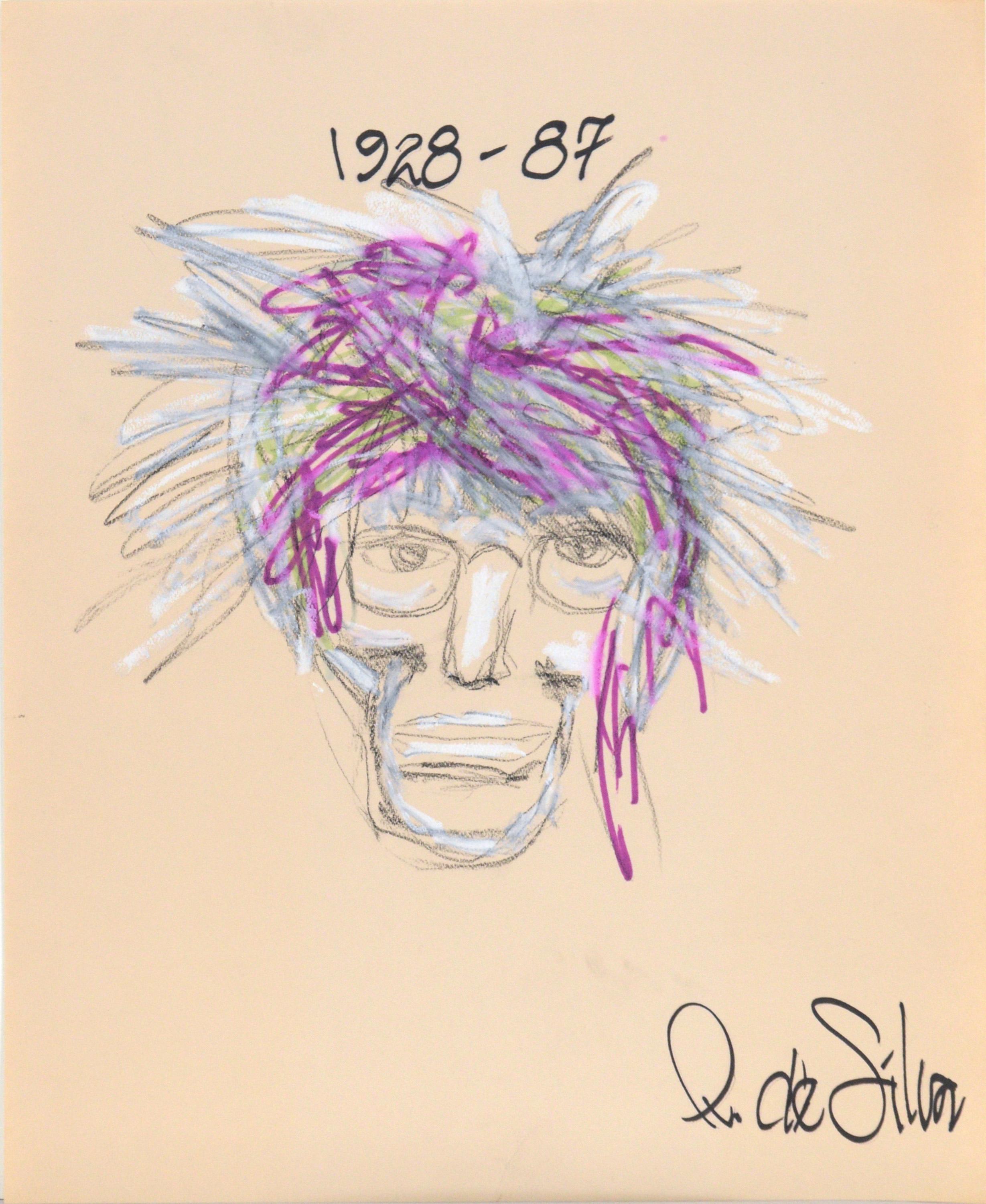 Portrait d'Andy Warhol avec des cheveux violets au pastel et à la gouache sur papier