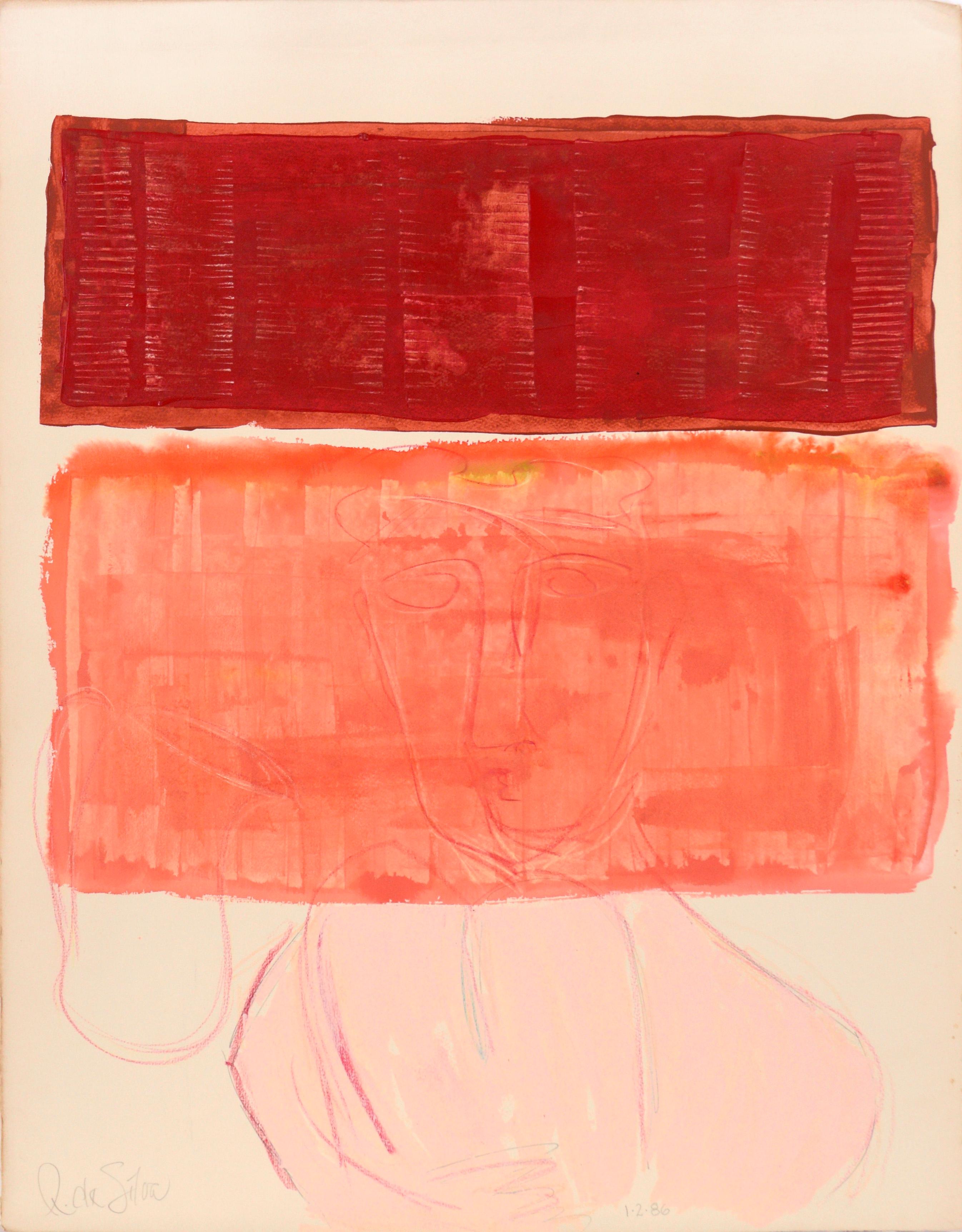 Abstract Painting Ricardo de Silva - Portrait avec blocs roses et rouges en acrylique sur papier épais