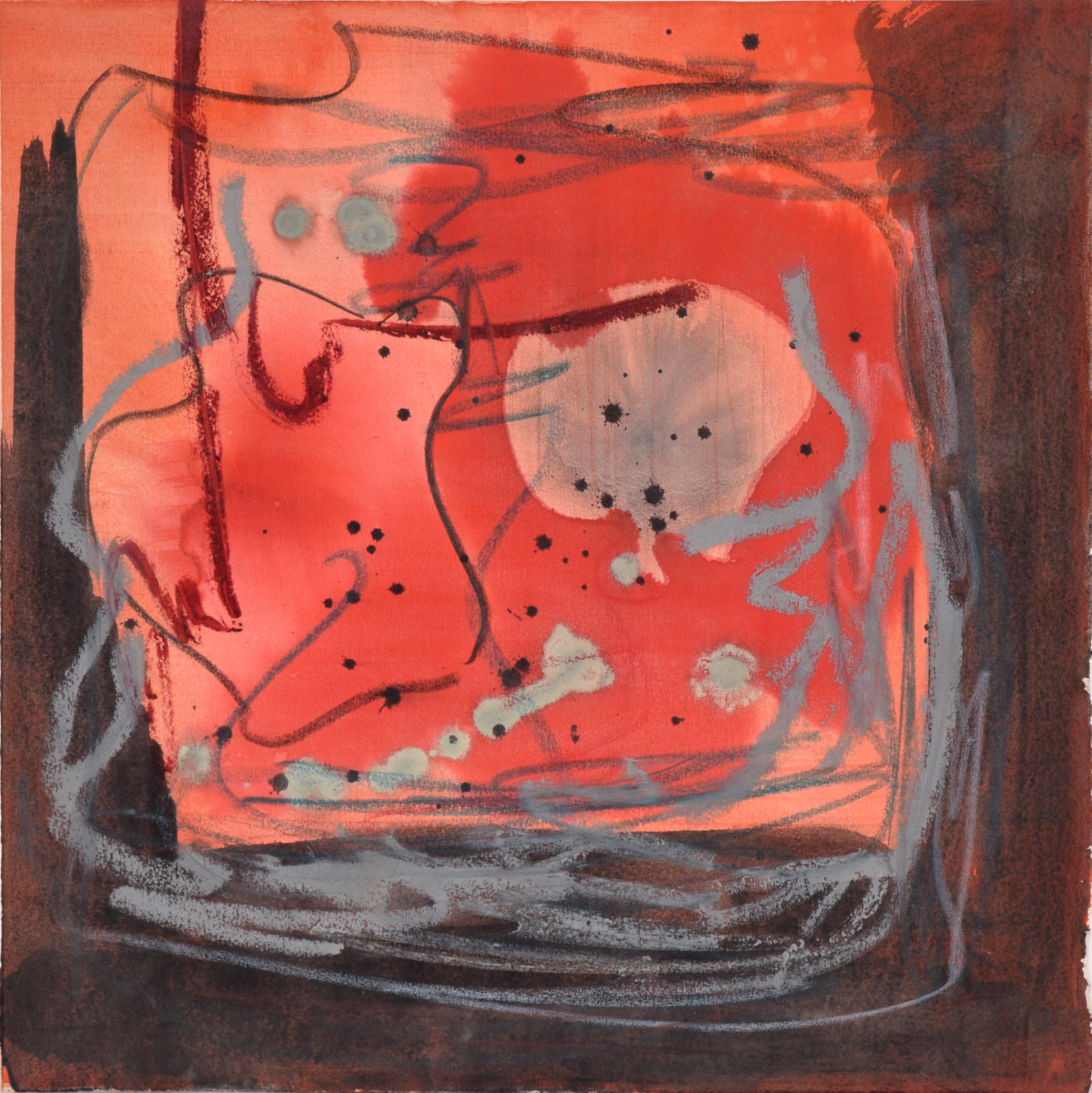 Ricardo de Silva Abstract Painting - Red Black and Grey Abstract Expressionist in Acrylic and Pastel on Paper