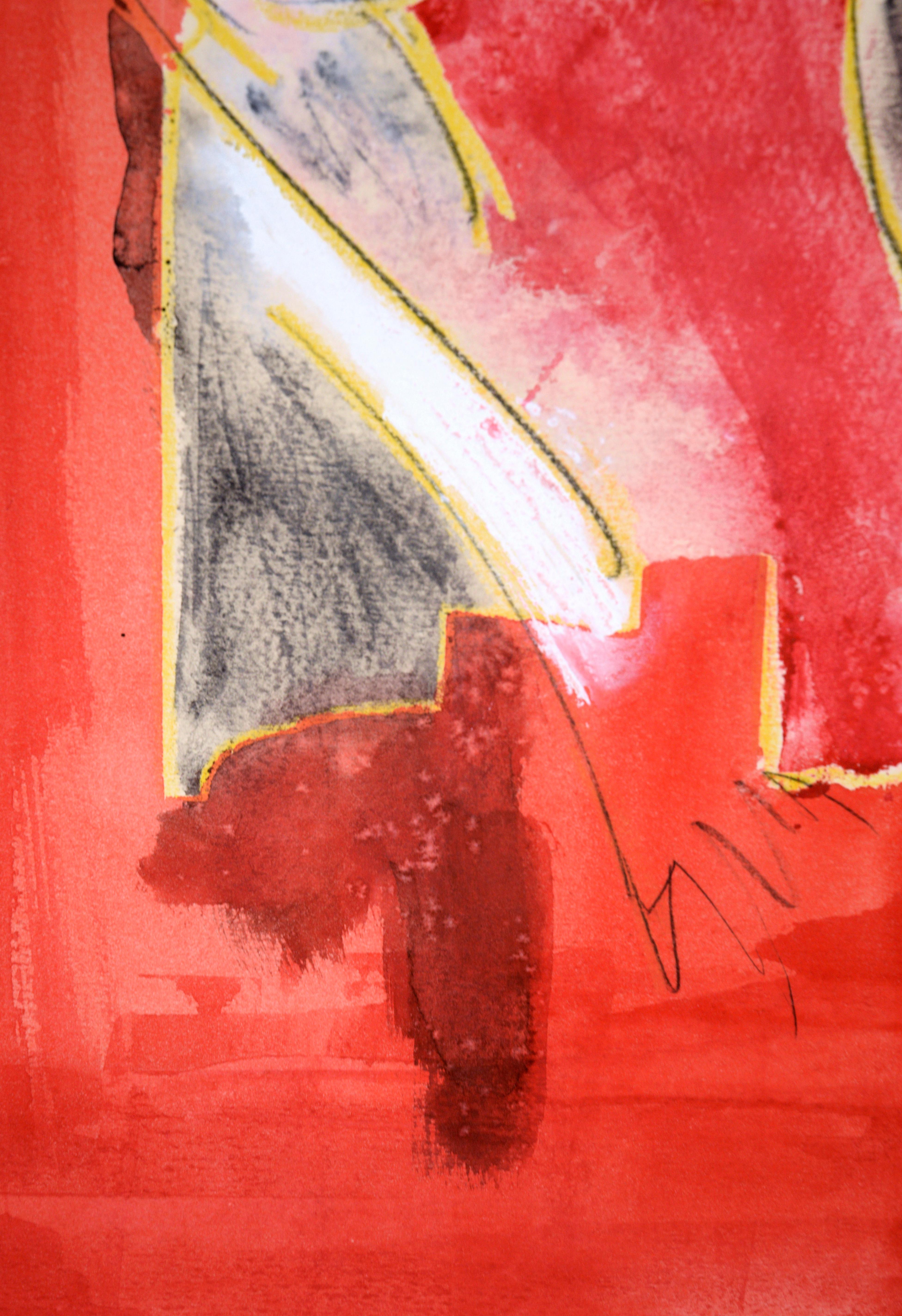 Red Bodice Nude Abstract 

A vibrant abstract painting in reds accented in canary yellow with gray background, by California-based artist, Ricardo de Silva (American/Brazil, 20th C). Signature in the bottom left corner reads, 
