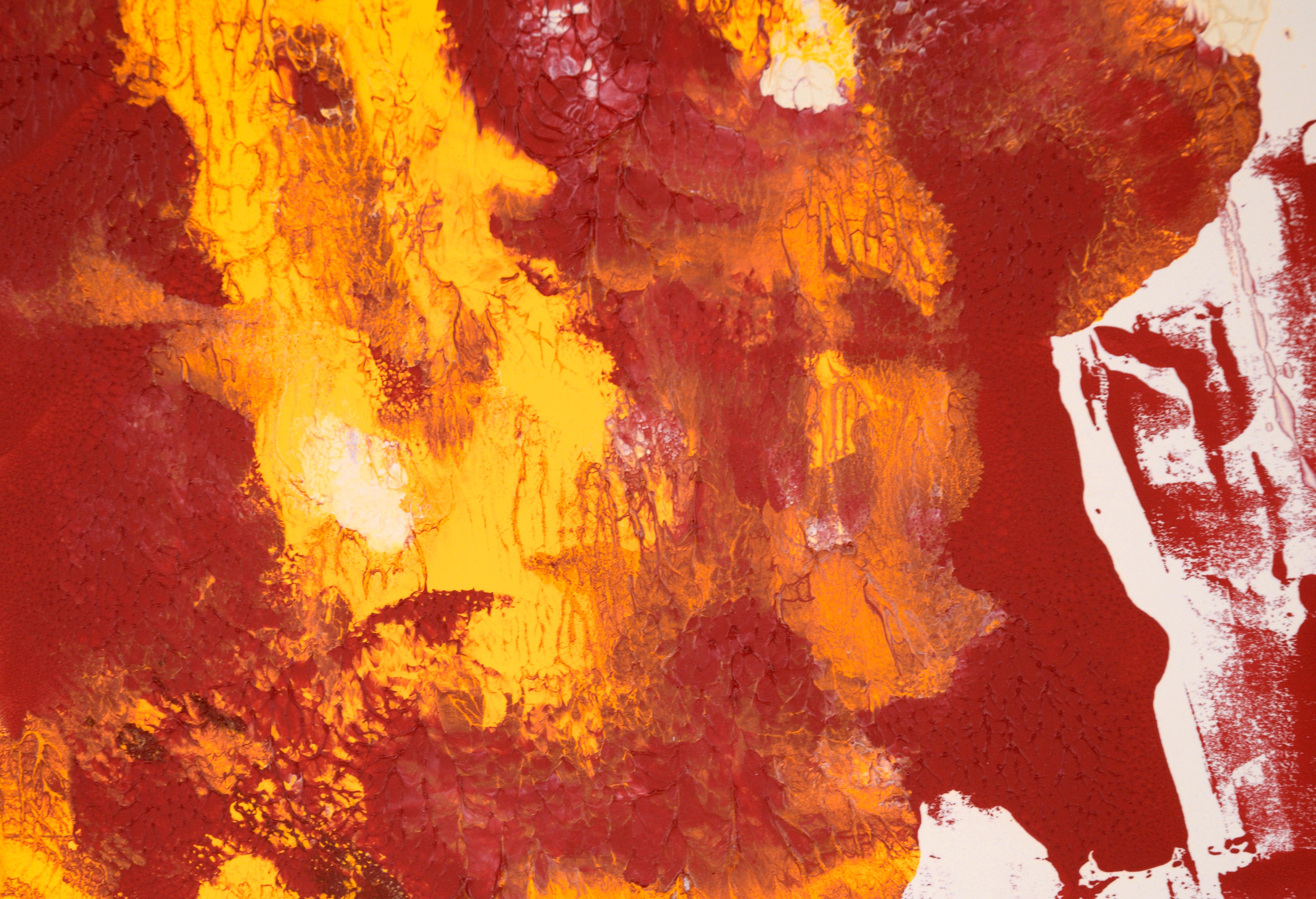 Red Monument - Abstract Composition in Acrylic on Paper

A bold abstract painting by California-based artist, Ricardo de Silva (American/Brazil, 20th C). A large section of red is divided in two, with white accents on the right and yellow accents on