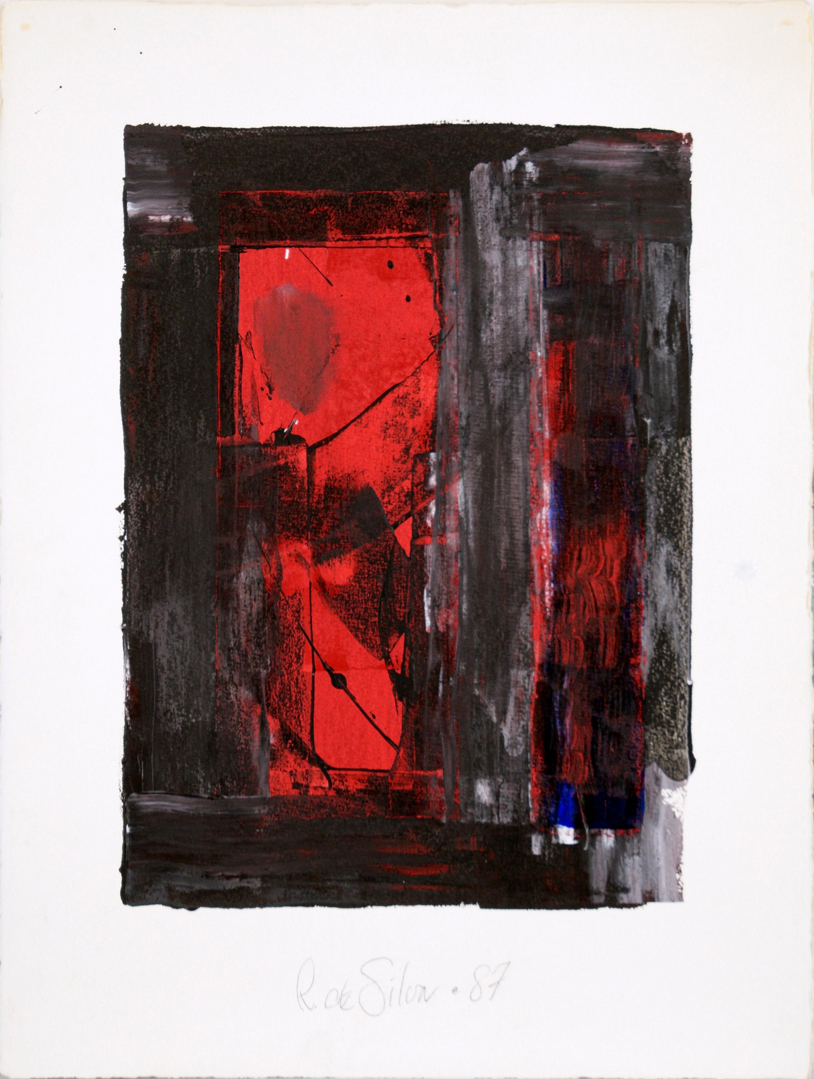 Composition impressionniste abstraite « Red Portal » en acrylique sur papier arqué lourd