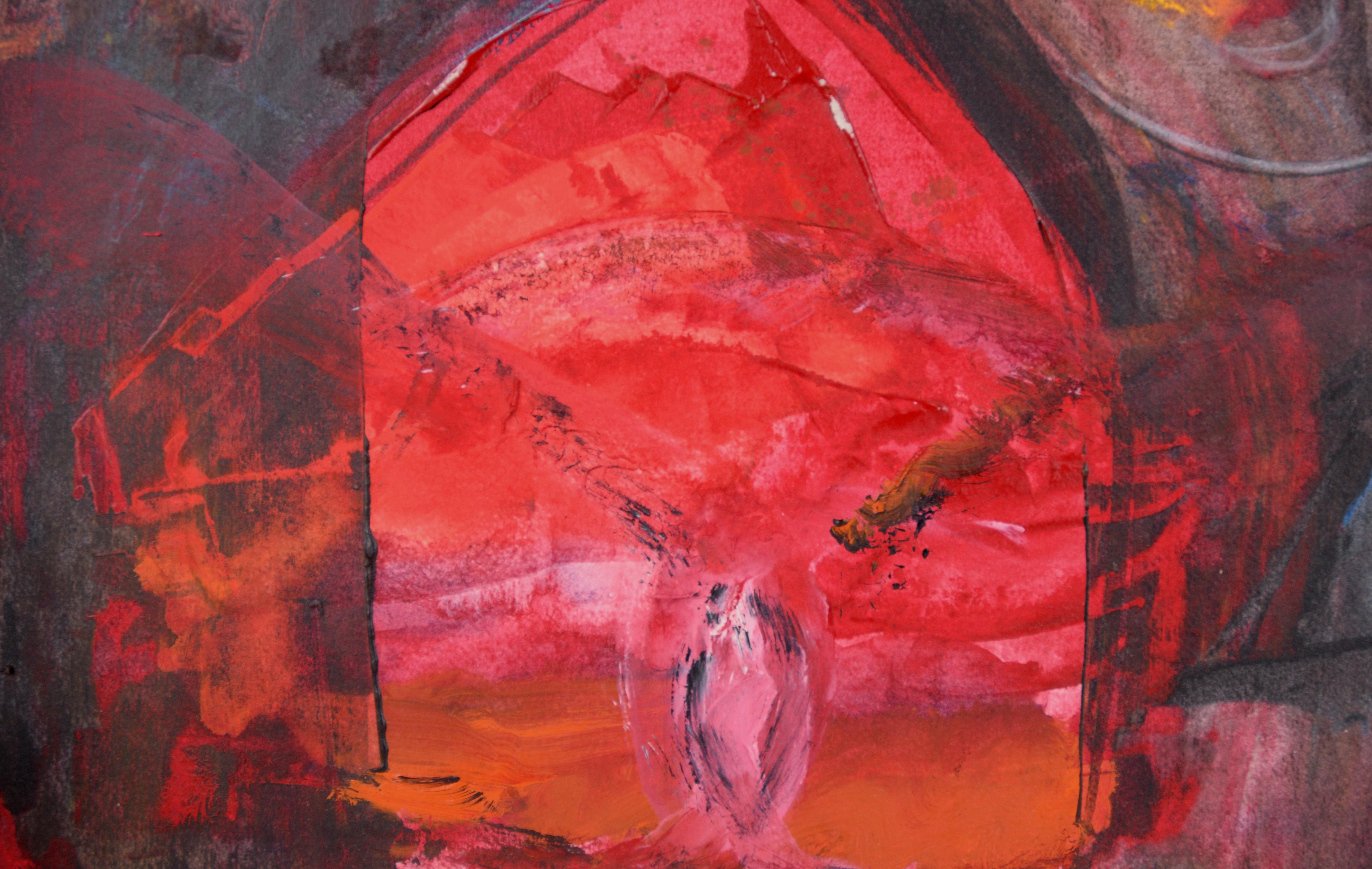 Red Tent Abstract Expressionist - Acrylic on Paper For Sale 2