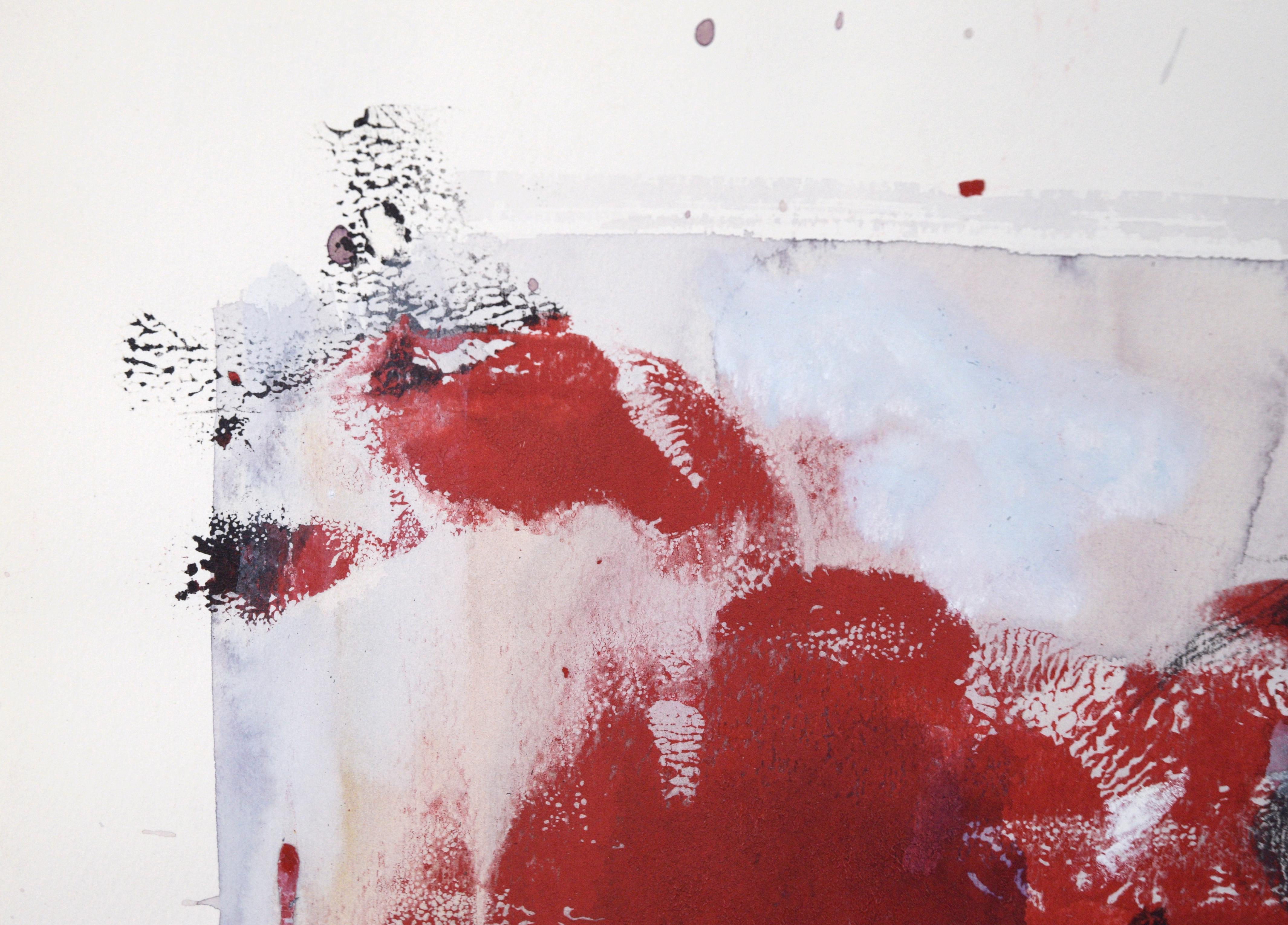Composition figurative abstraite en acrylique sur papier rouge, blanc et violet - Painting de Ricardo de Silva
