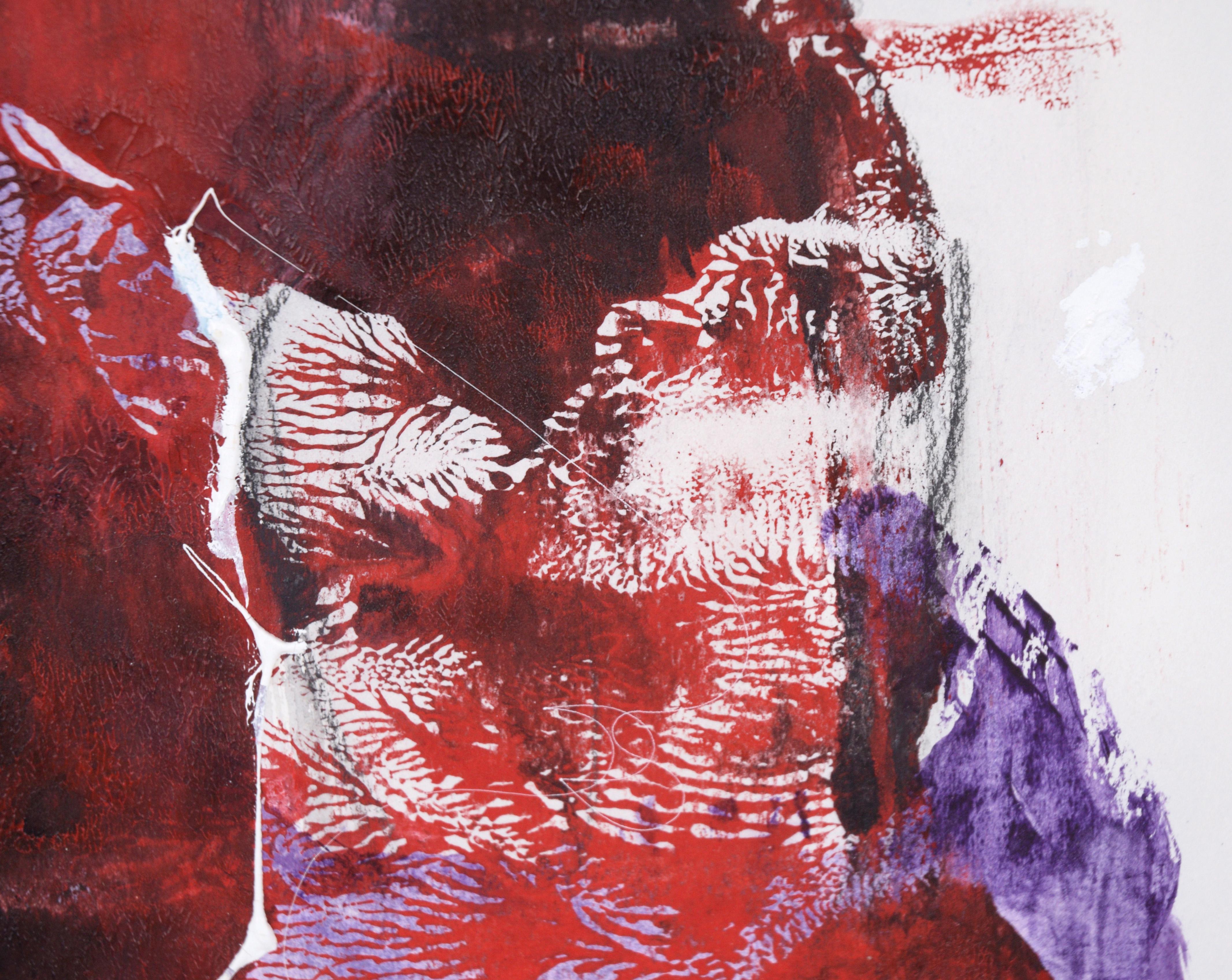 Composition figurative abstraite en acrylique sur papier rouge, blanc et violet en vente 1