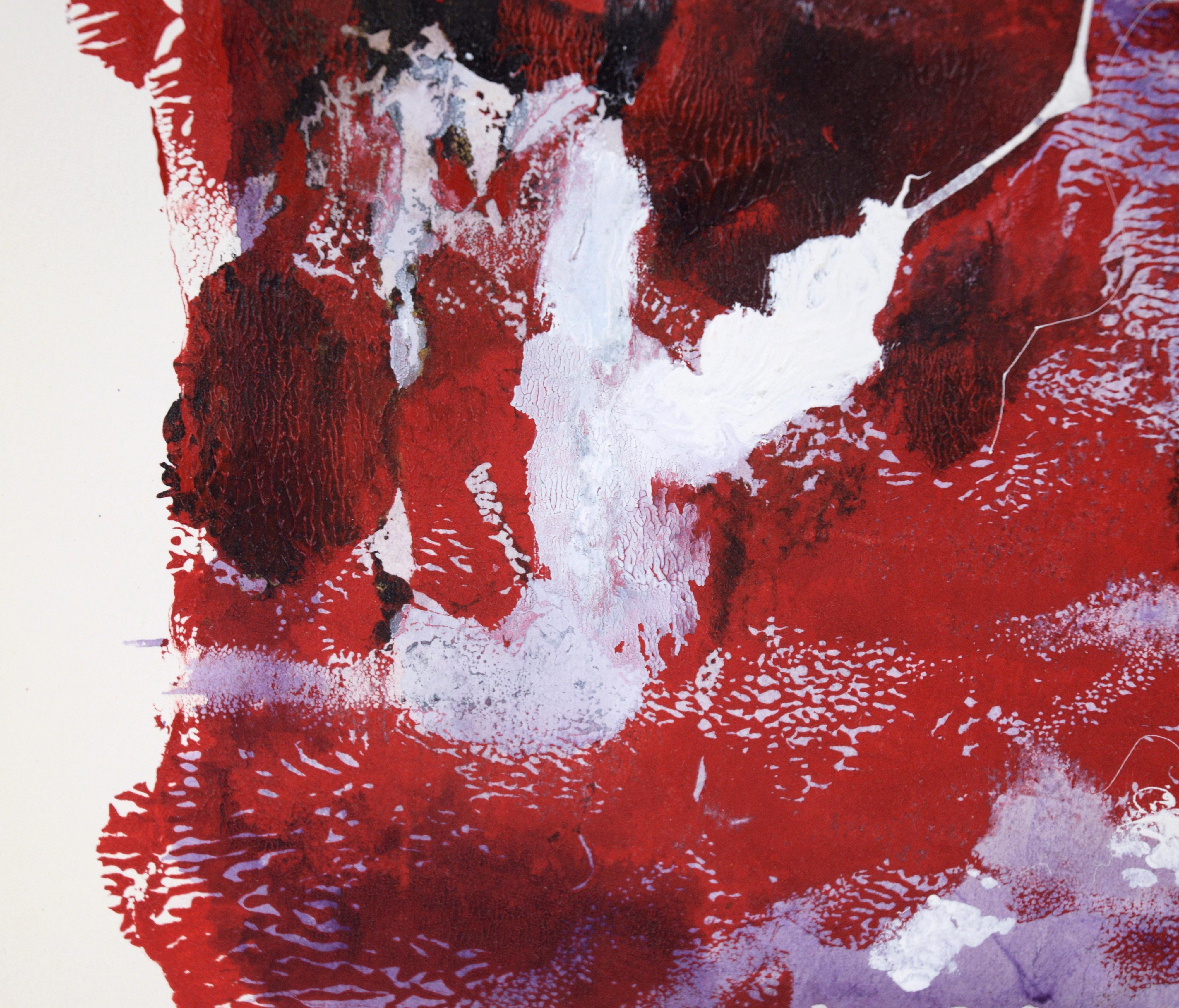 Composition figurative abstraite en acrylique sur papier rouge, blanc et violet en vente 2