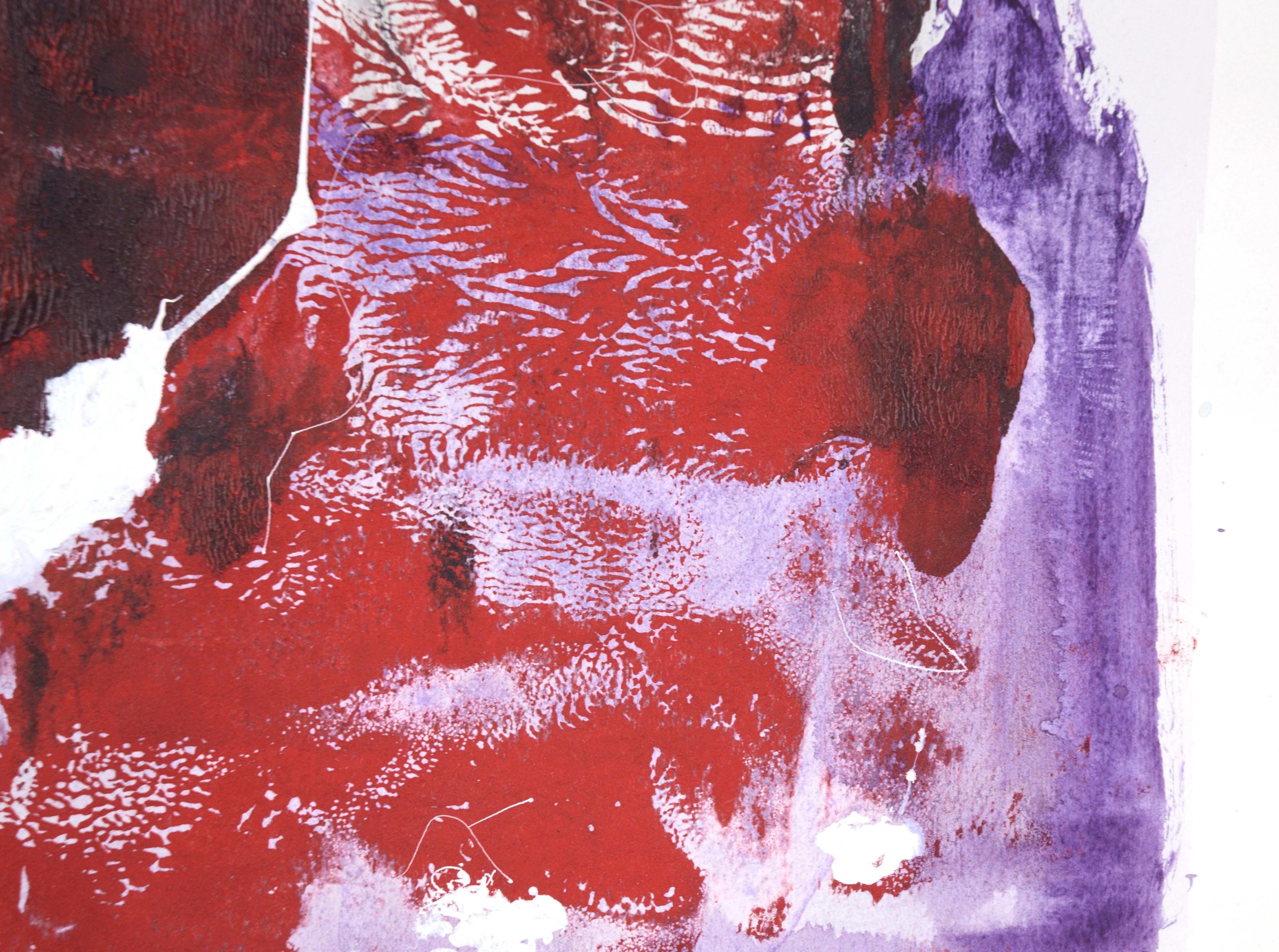 Composition figurative abstraite en acrylique sur papier rouge, blanc et violet en vente 3