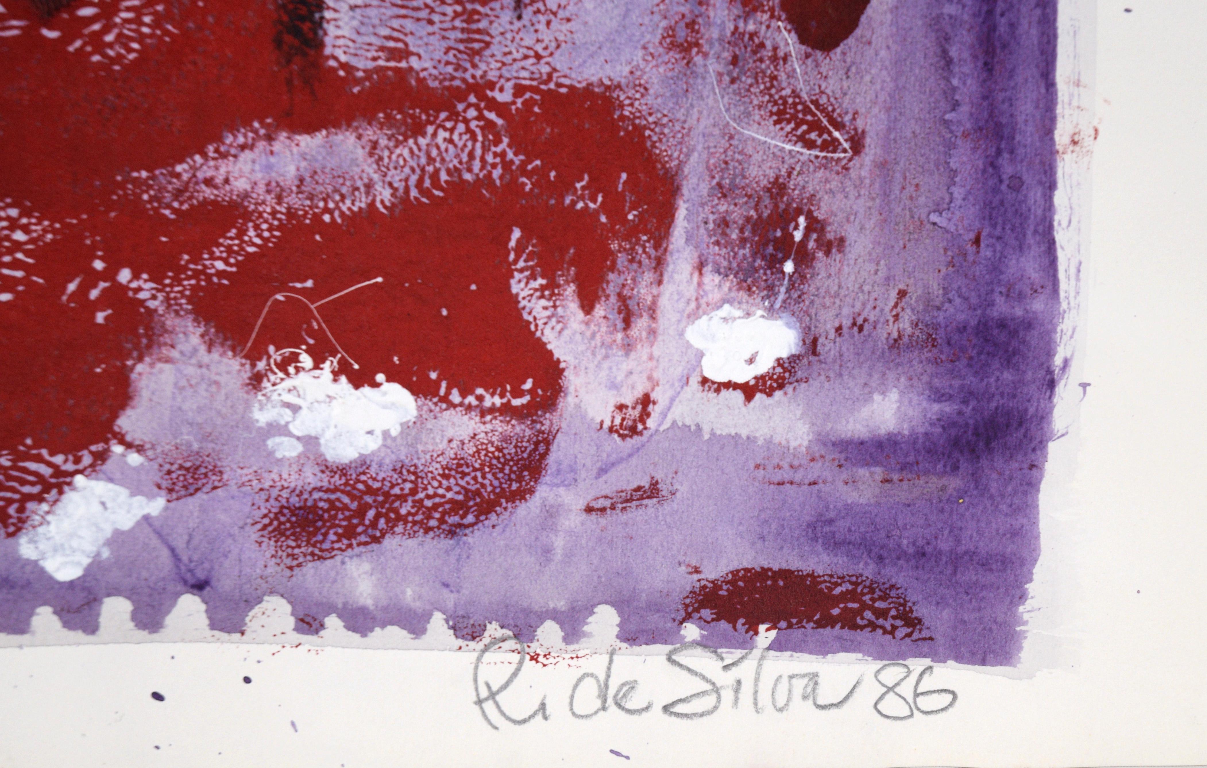 Composition figurative abstraite en acrylique sur papier rouge, blanc et violet en vente 4