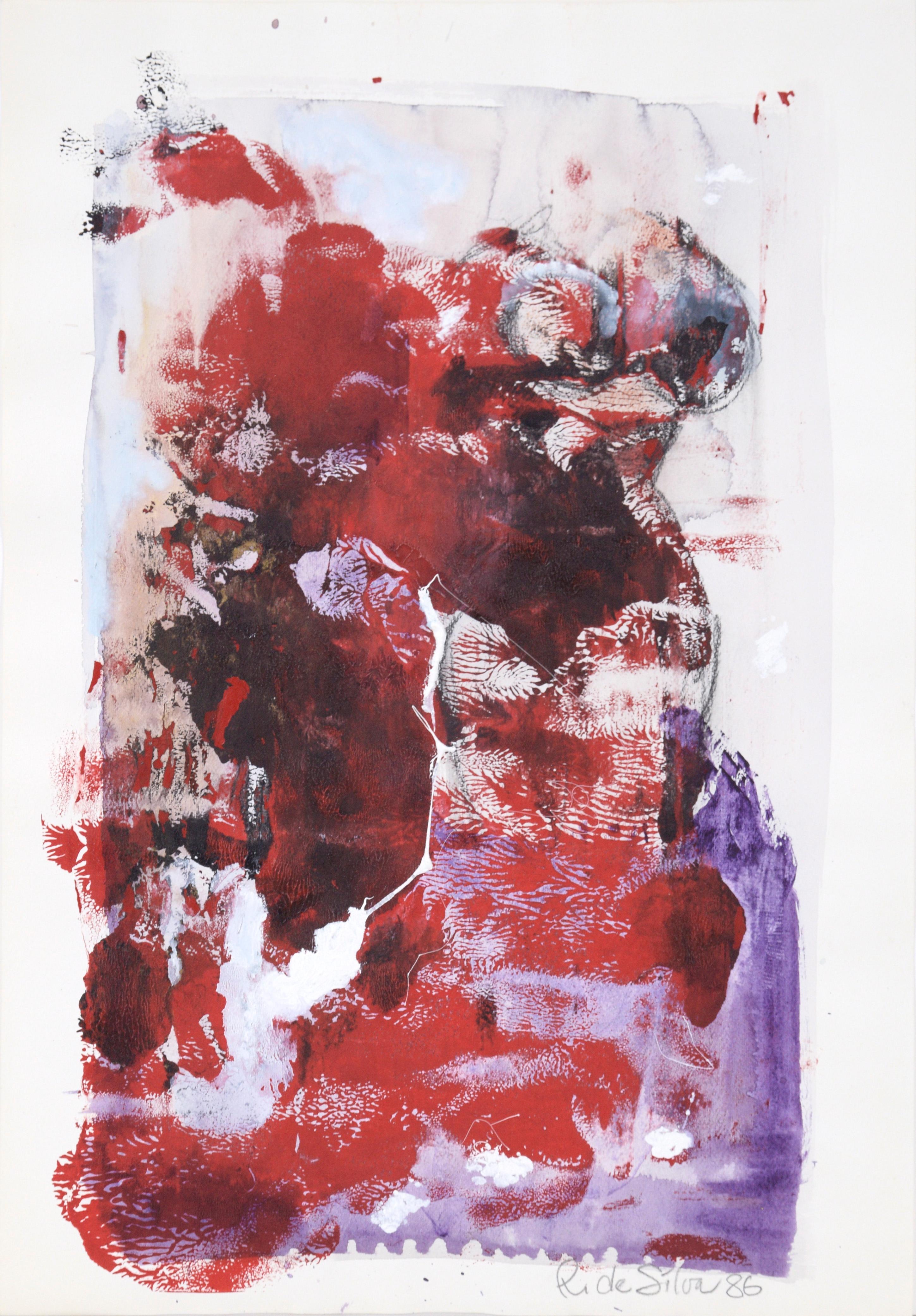 Ricardo de Silva Abstract Painting – Rot, Weiß und Lila – Abstrakte, figurative Komposition aus Acryl auf Papier
