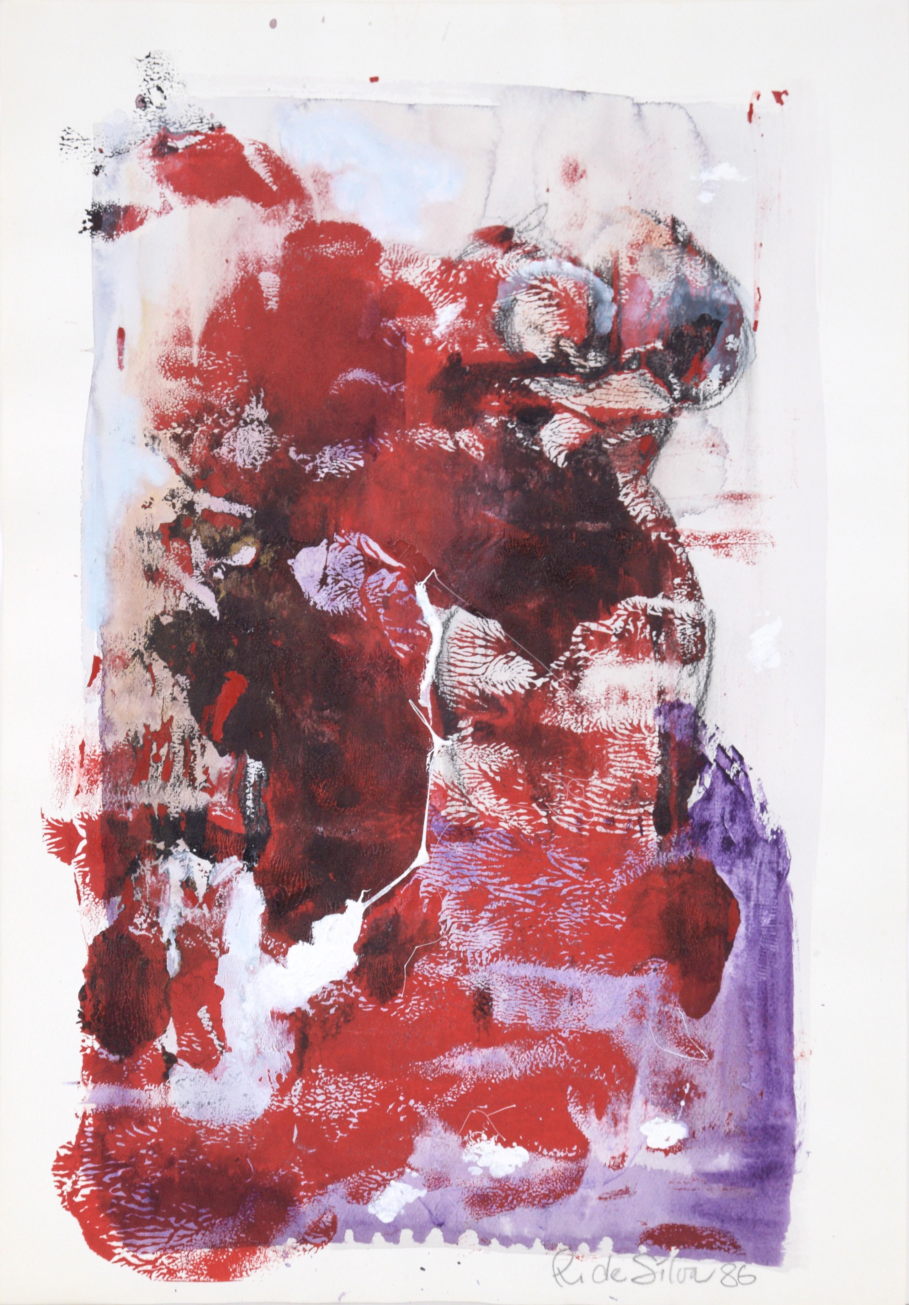 Abstract Painting Ricardo de Silva - Composition figurative abstraite en acrylique sur papier rouge, blanc et violet