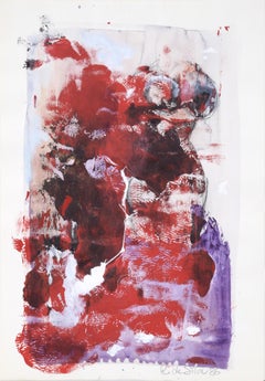 Composition figurative abstraite en acrylique sur papier rouge, blanc et violet