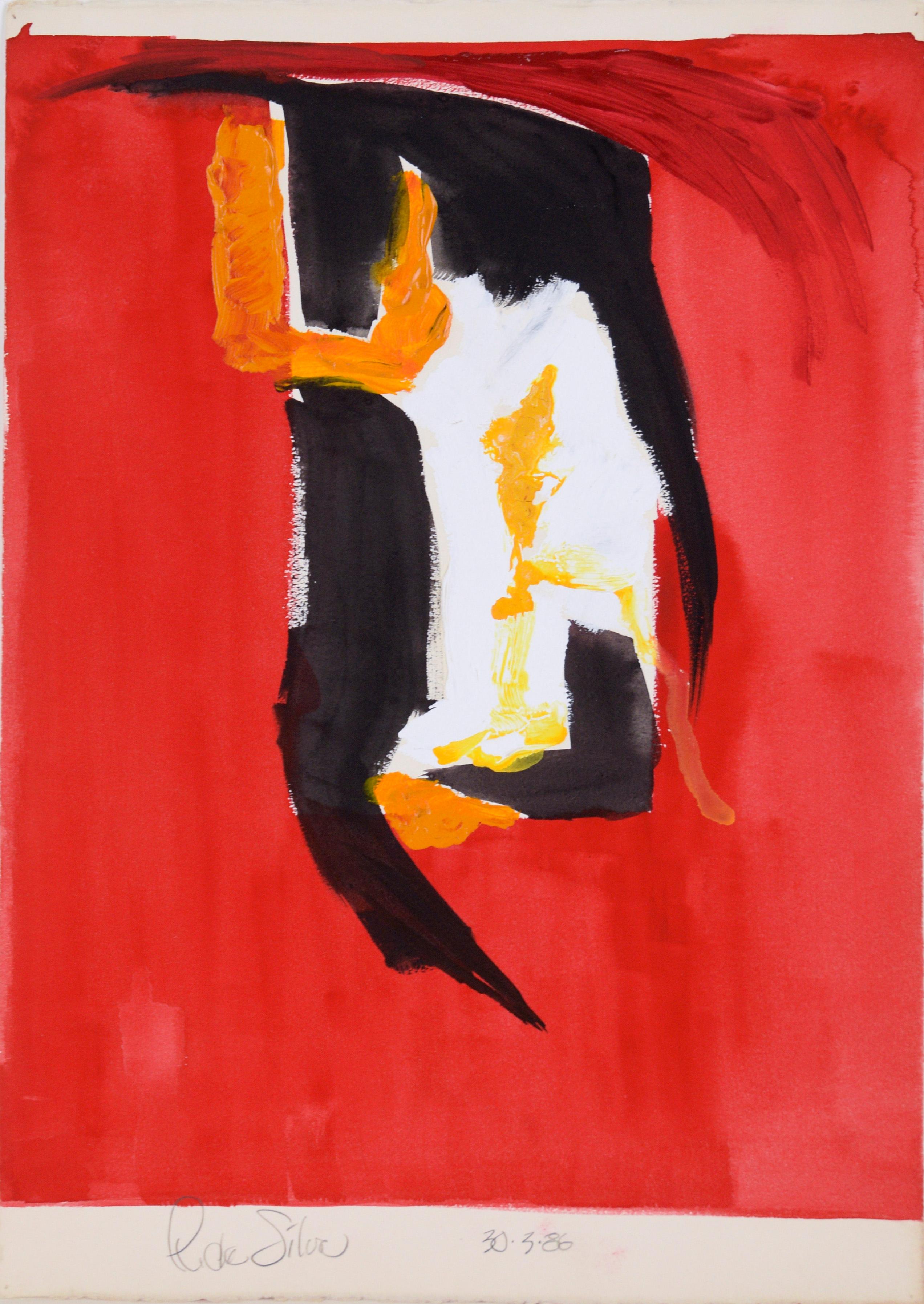 Composition expressionniste en acrylique sur papier rouge, noir, blanc et orange