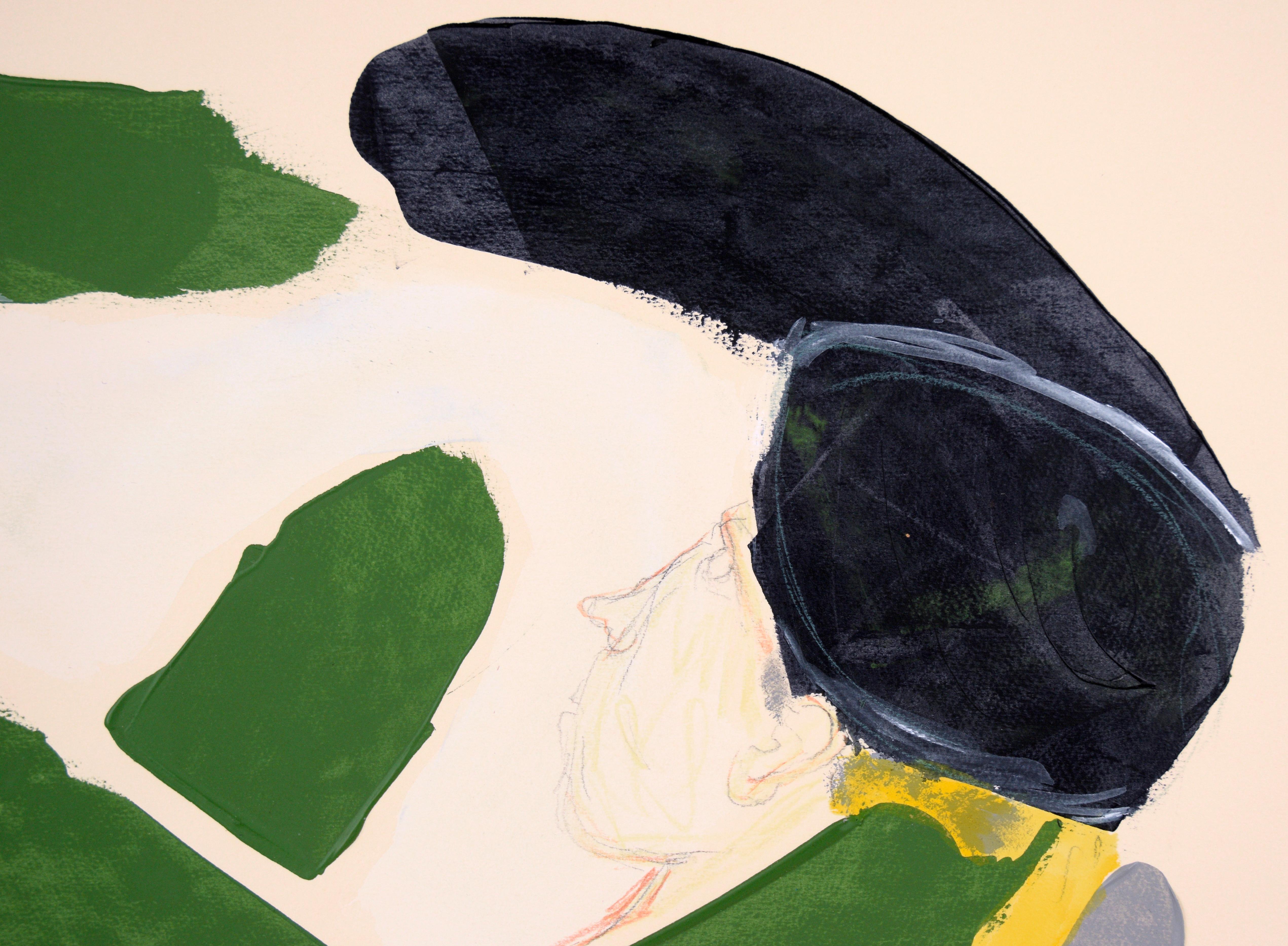 « Relaxing at Camarillo » (L'expressionnisme abstrait au Camarillo)

Un homme coiffé d'un chapeau noir et d'une forme verte imitant le symbole de l'infini, rehaussé de jaune canari et de gris vifs, par l'artiste californien Ricardo de Silva