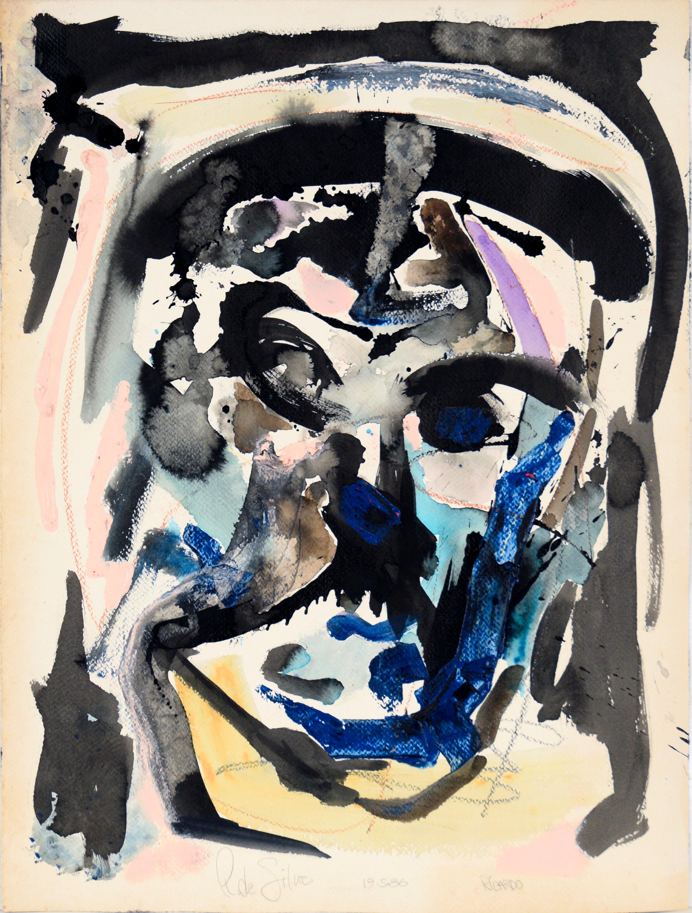 Ricardo de Silva Abstract Painting – "Ricardo" - Abstraktes expressionistisches Self-Portrait in Acryl auf Papier