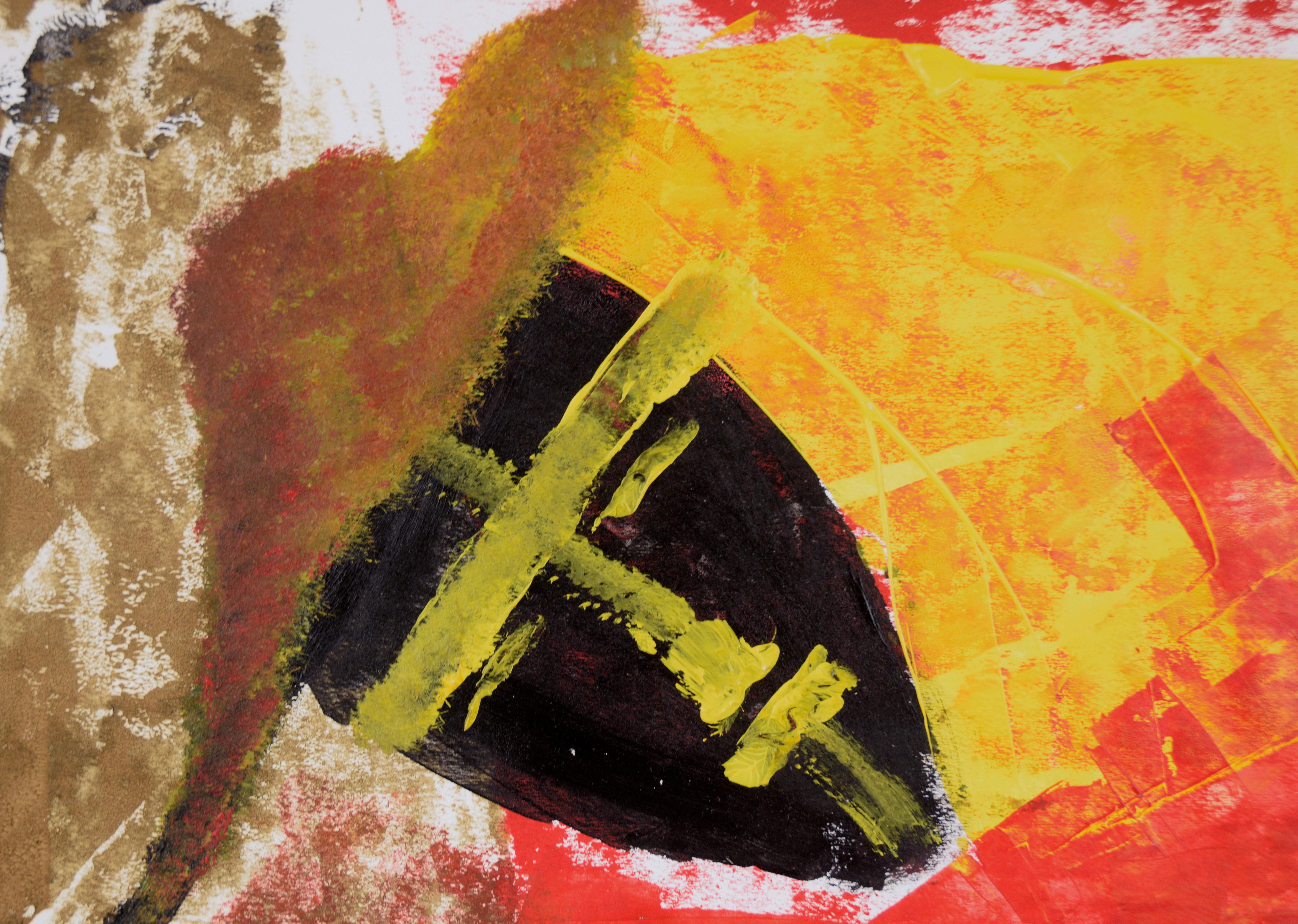 Sombrero in the Iron Mask - Geometric Abstract Expressionist in Acrylic on Paper

A bold abstract painting in red, yellow and metallic gold, depicting a black mask figure in a hat, by California-based artist, Ricardo de Silva (American/Brazil, 20th