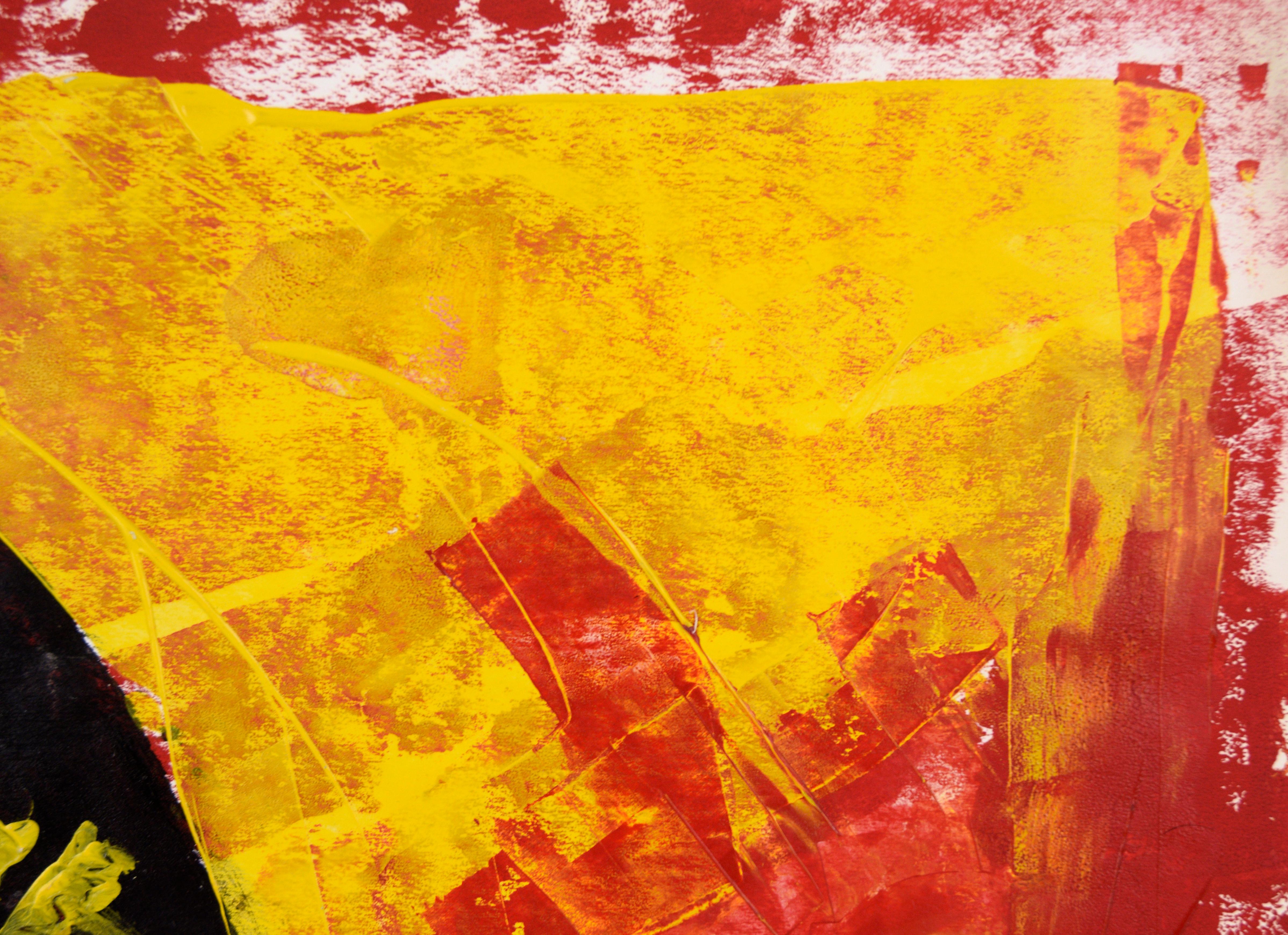 Sombrero dans le masque de fer - Expressionniste abstrait géométrique en acrylique sur papier

Peinture abstraite audacieuse en rouge, jaune et or métallique, représentant un masque noir coiffé d'un chapeau, réalisée par l'artiste californien