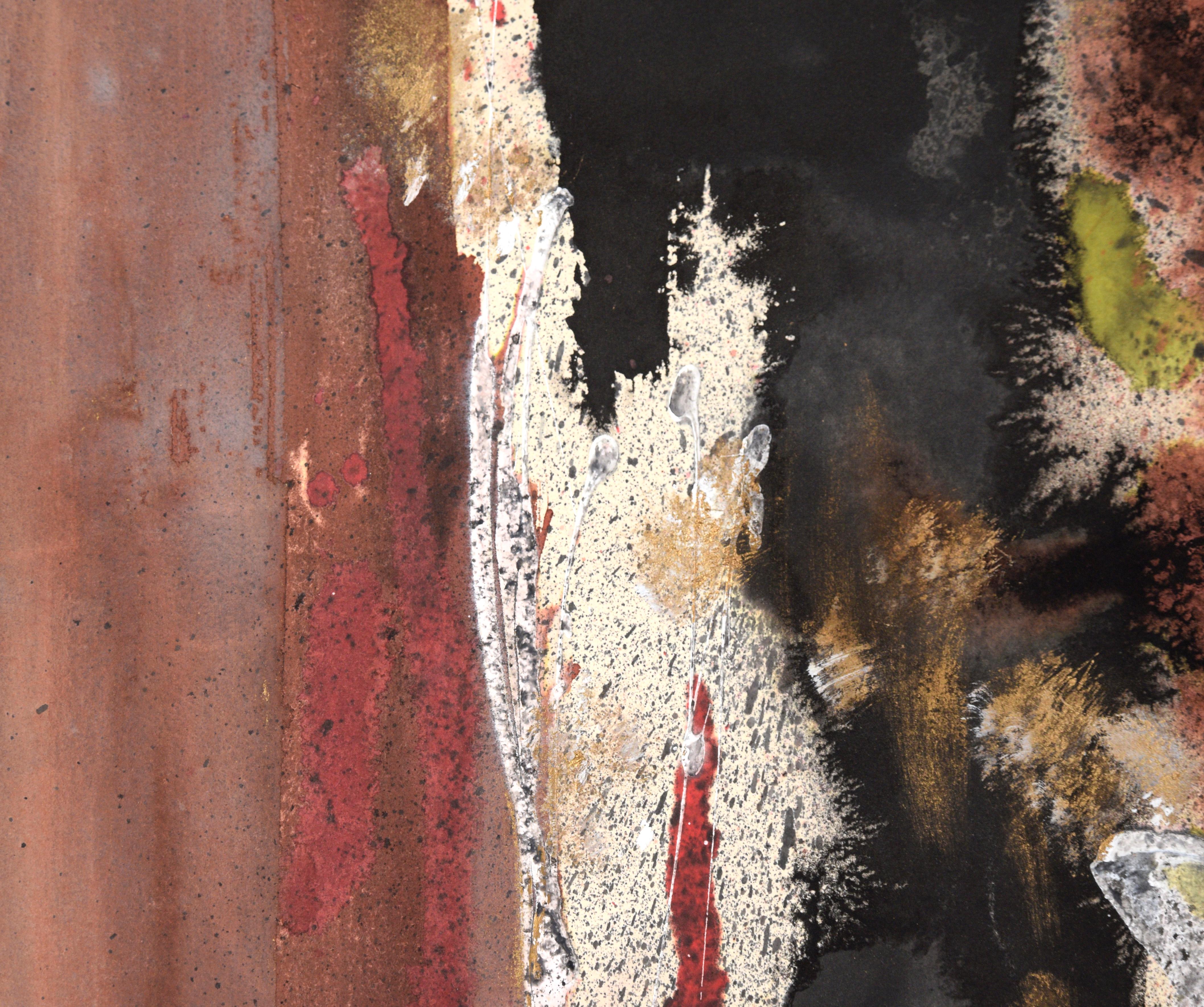 Rot, Schwarz und Braun Figurativer abstrakter Expressionist in Acryl auf Papier

Ein kühnes abstraktes Gemälde des in Kalifornien lebenden Künstlers Ricardo de Silva (Amerikaner/Brasilien, 20. Jahrhundert). Die linke Seite dieses Stücks ist braun