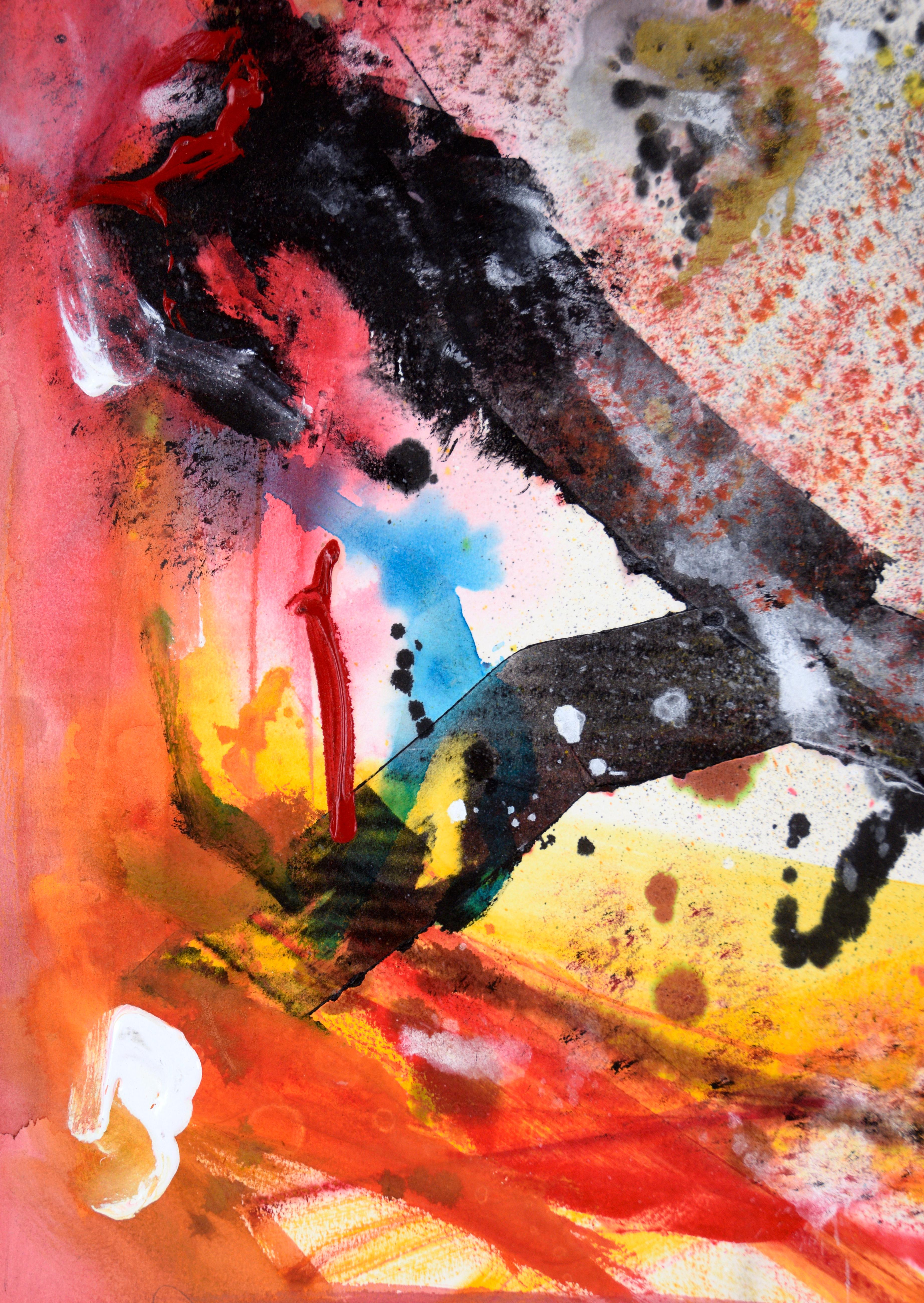 Abstrakter Impressionismus mit Abstraktionsismus

Ein lebhaftes abstraktes Gemälde in Rottönen mit Akzenten in Rabenschwarz, weißer Latexfarbe und schimmerndem Metallic-Gold des in Kalifornien lebenden Künstlers Ricardo de Silva