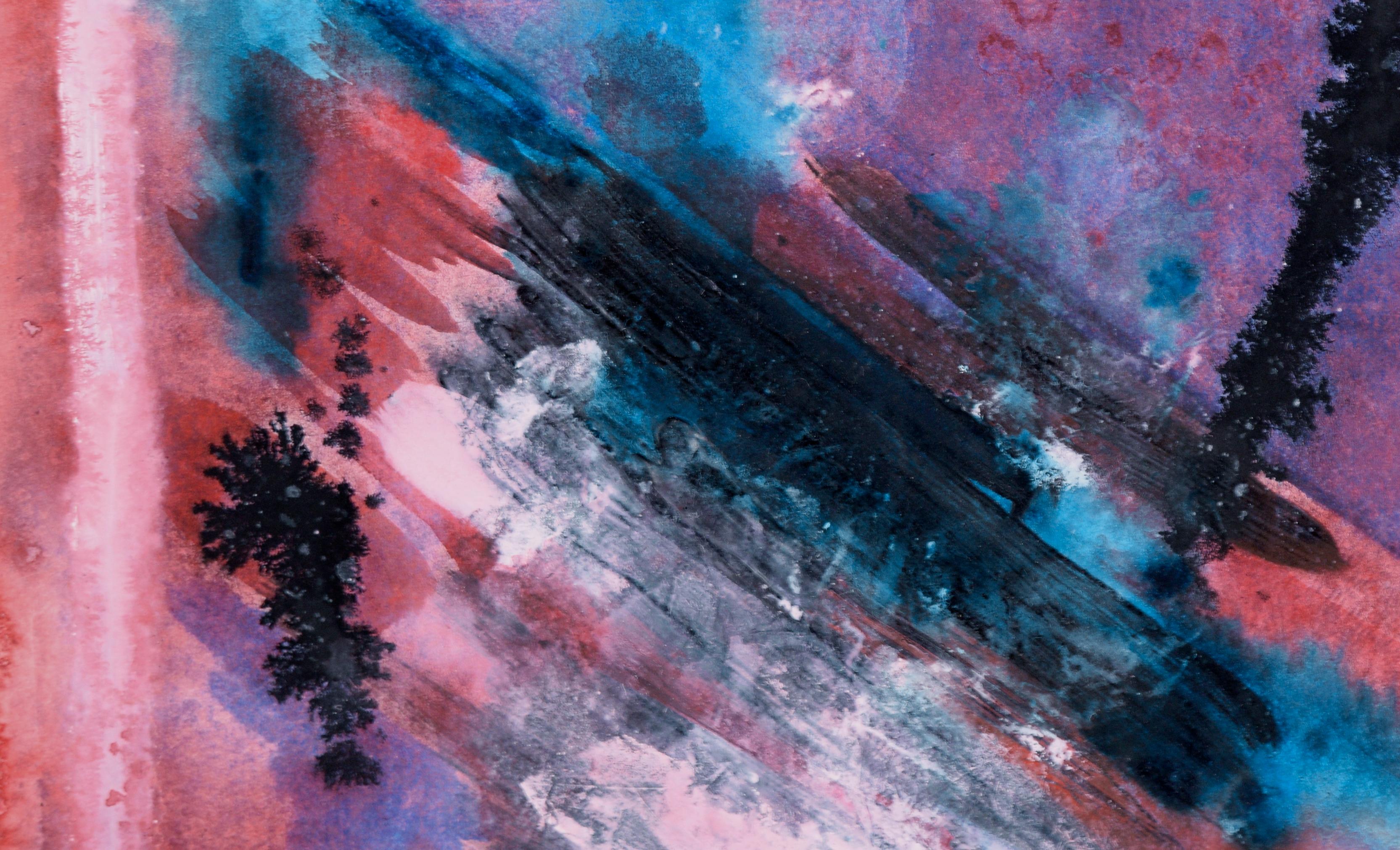 Subaquatischer Canyon – Abstrakter Expressionismus auf Papier

Abstraktes Werk des in Kalifornien lebenden Künstlers Ricardo de Silva (Brasilianer, 20. Jahrhundert) in kräftigem Blau und Rot, das mit Salz, Tusche und Aquarellfarben strukturiert ist.