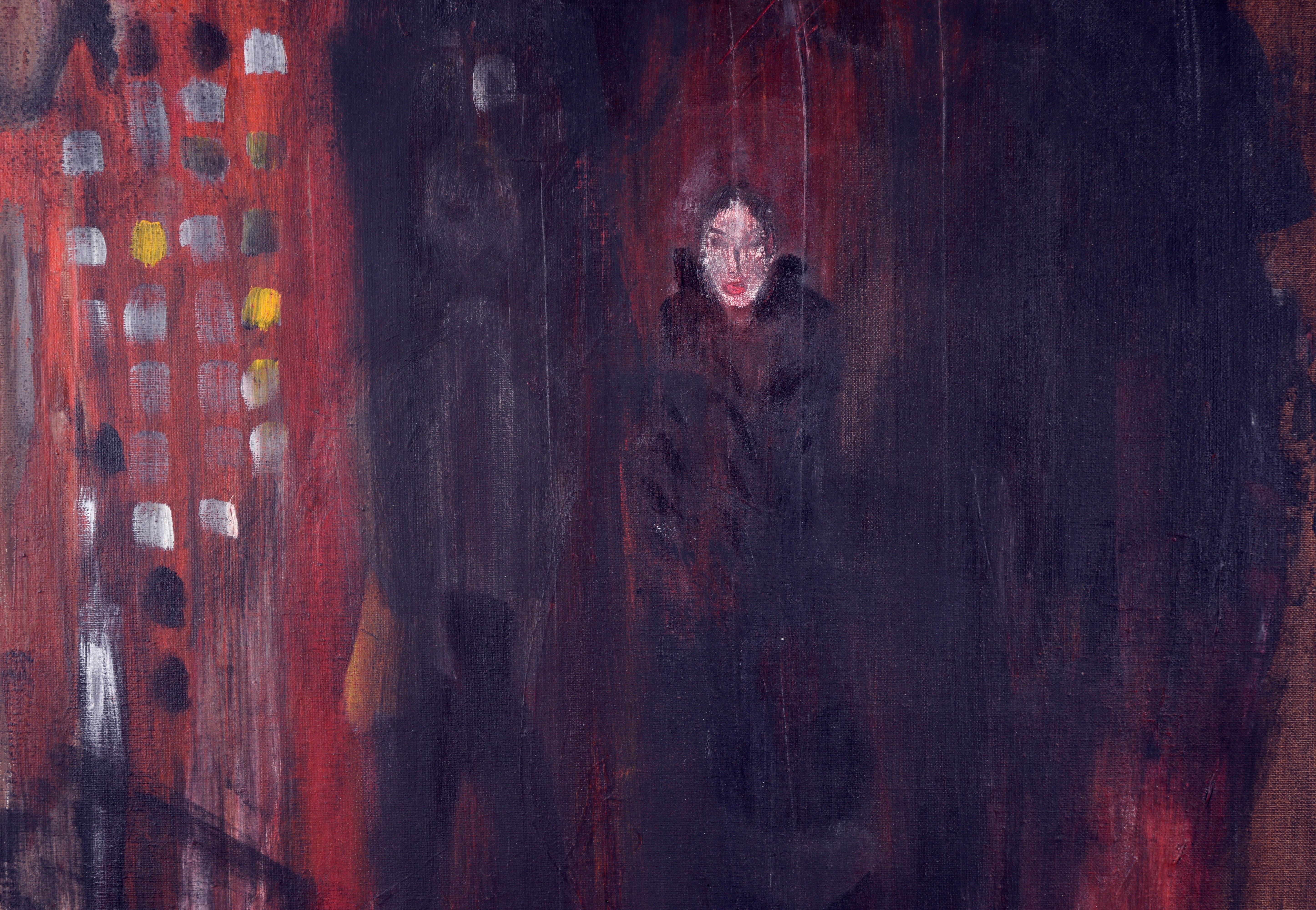 Vintage Figurative Abstract of Lady on Red - Painting by Ricardo de Silva