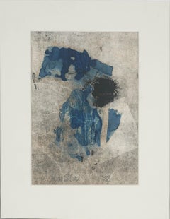 Vintage Lateinamerikanische Schule blau & schwarz abstrakte Monotypie, signiert