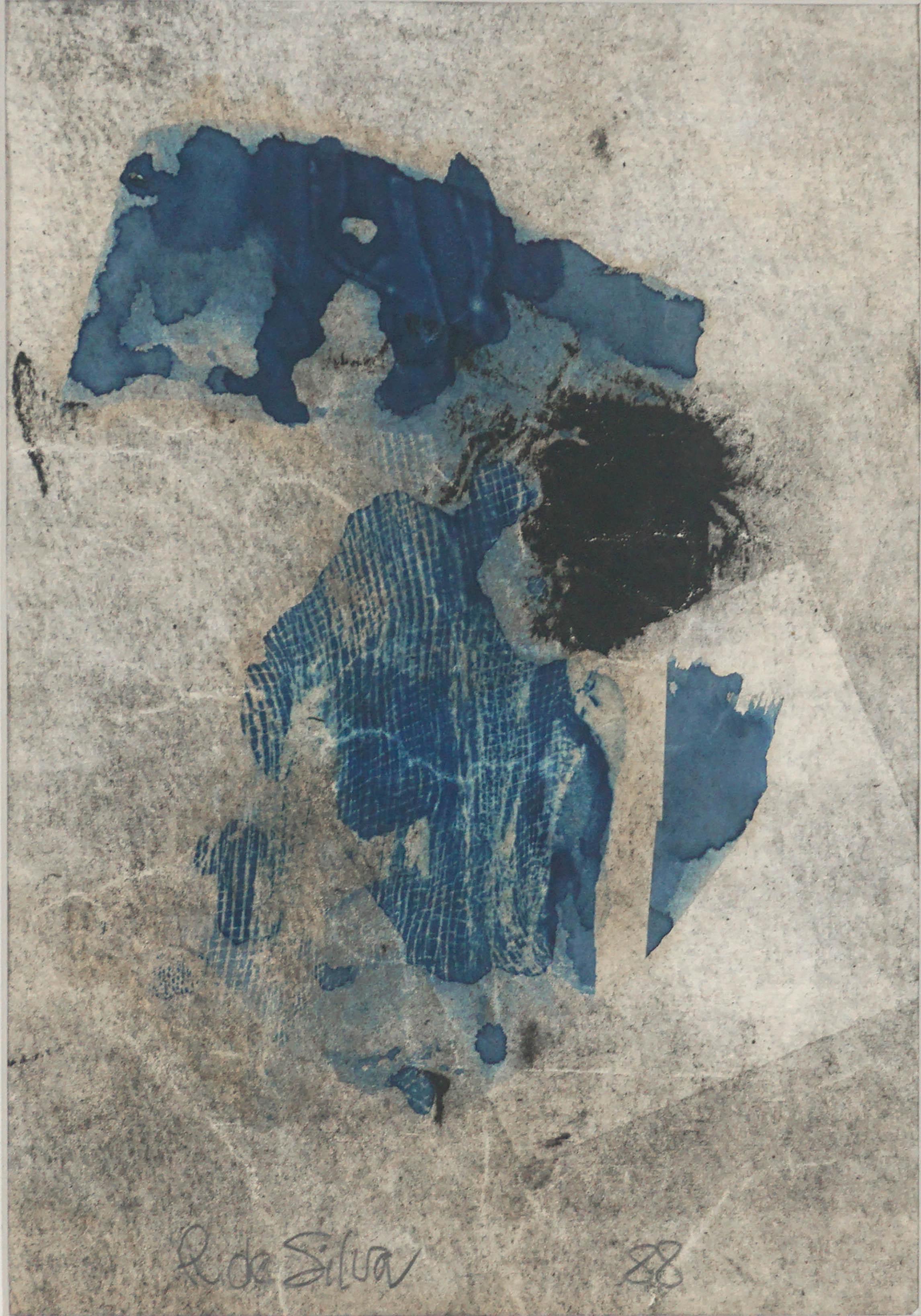 Ricardo de Silva Abstract Painting - Vintage Latin American School Blue & Black Abstract Monotype, Signed