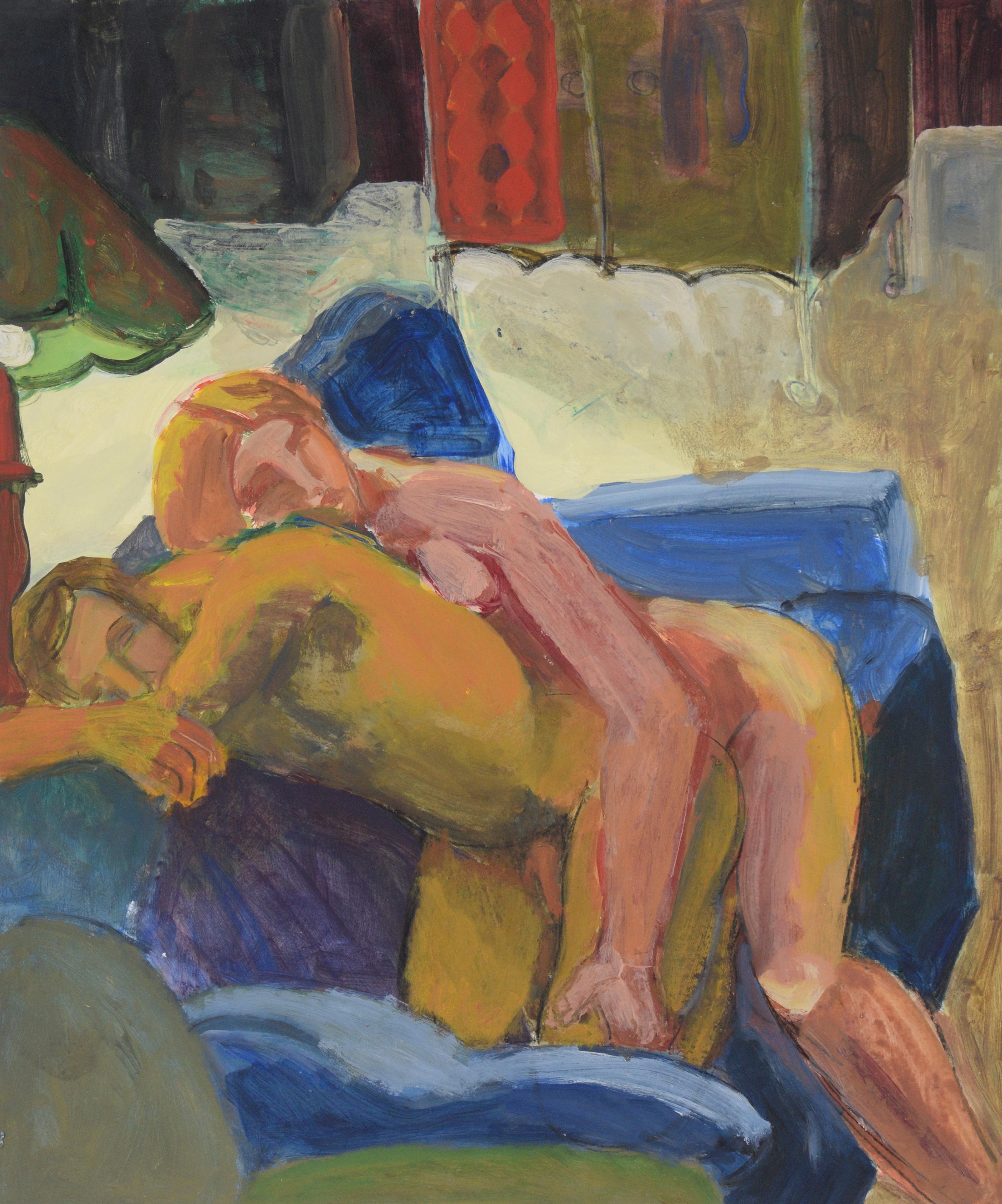 Katherine Kallick Nude Painting - Original Vintage Abstract Expressionist Figurative  - "Lovers’ Embrace"