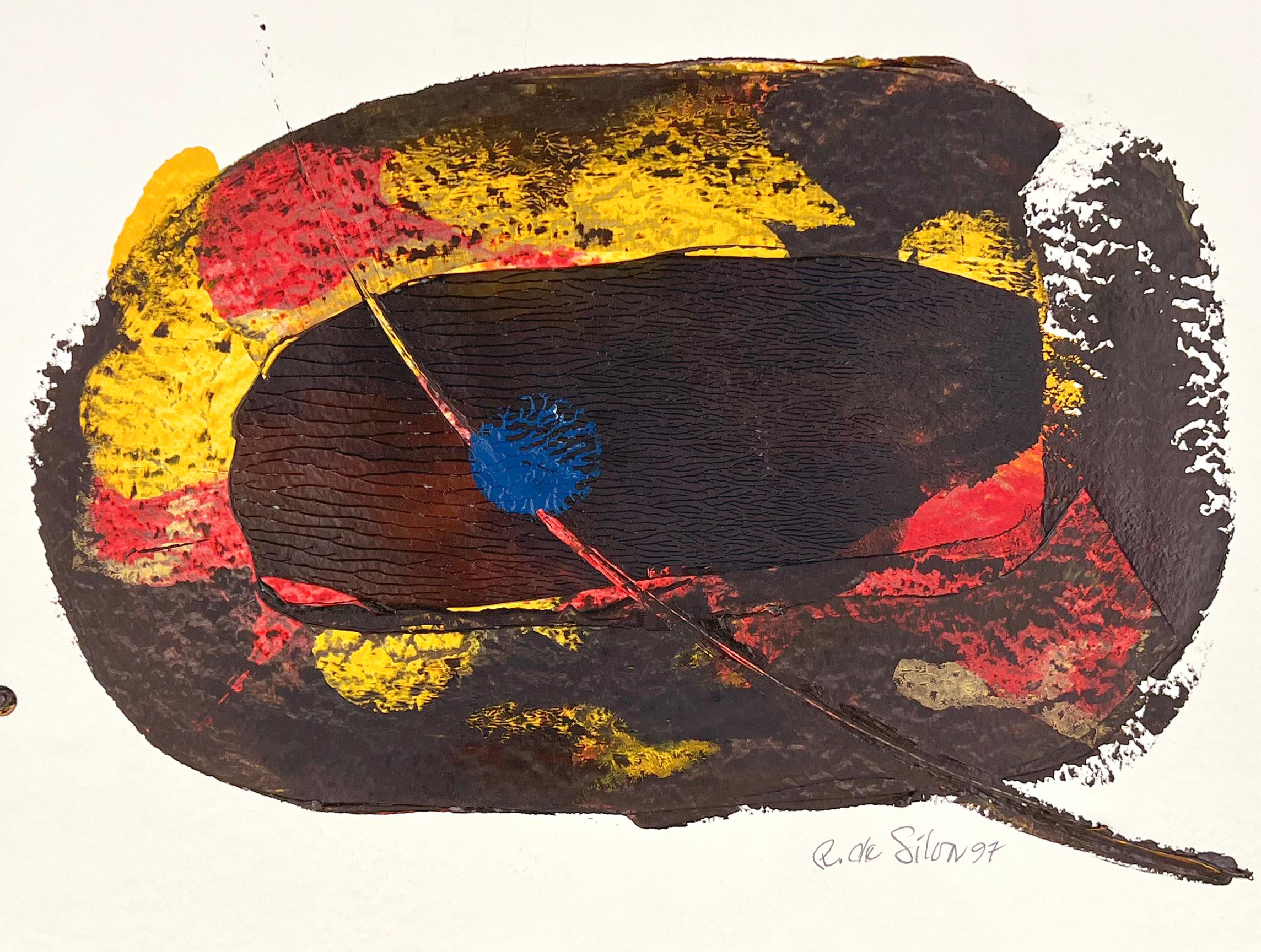 Gelb-Roter Schirm in Öl auf Papier (Abstrakter Expressionismus), Painting, von Ricardo de Silva