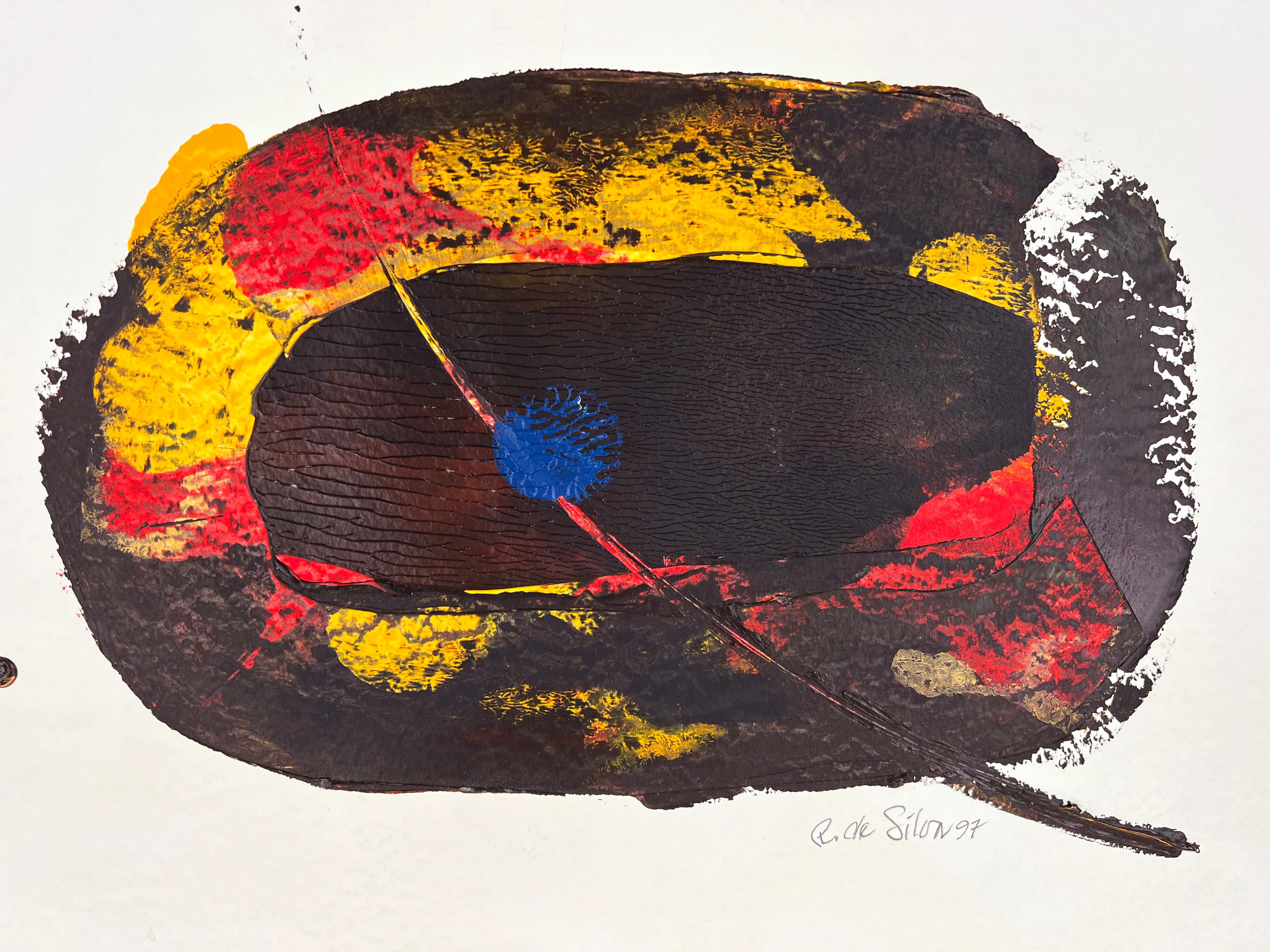 Yellow Red Umber in Oil on Paper

Stylized symbolic imagery in Umber yellow and Red by California-based artist, Ricardo de Silva (American/Brazil, 20th C). Bold lard strokes and sponge-work in oils creates a Southwestern Symbolism feel with a Blue