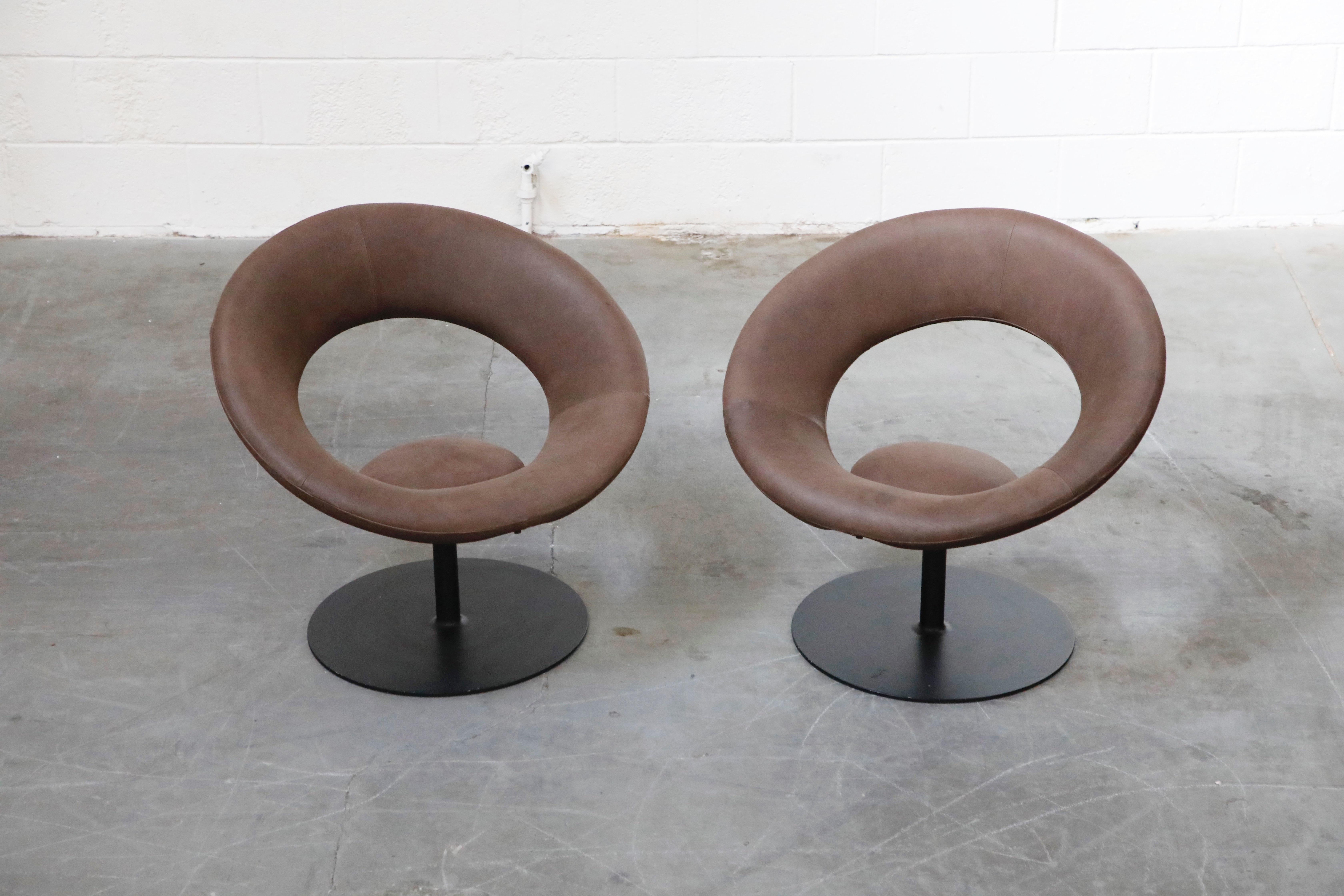 Ricardo Fasanello 'Anel' Leather Lounge Swivel Chairs, 1987, Signed Pair 1