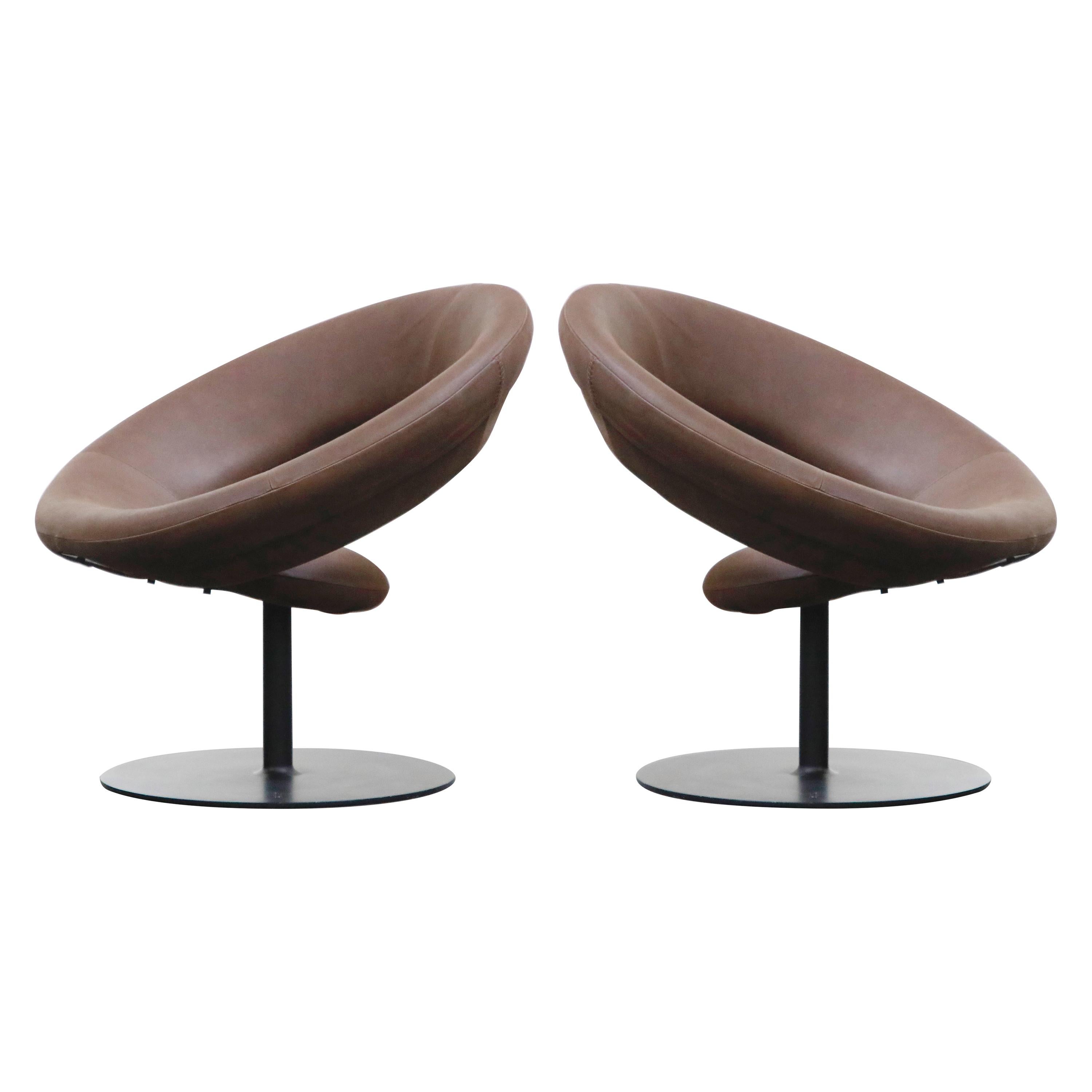 Ricardo Fasanello 'Anel' Leather Lounge Swivel Chairs, 1987, Signed Pair