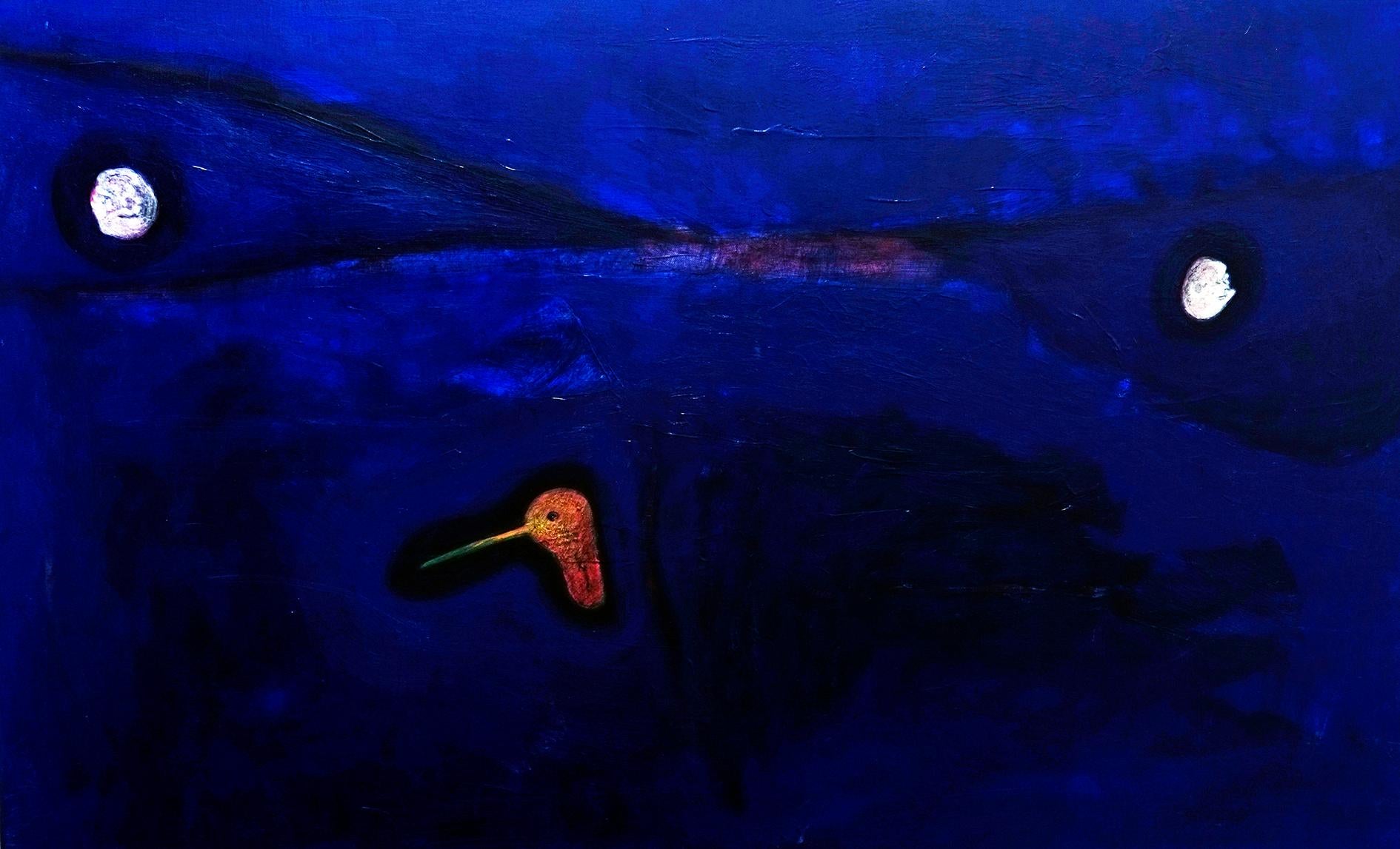 Ricardo Fuentealba-Fabio Abstract Painting - Cabeza de colibrí y dos cabezas en los jardines