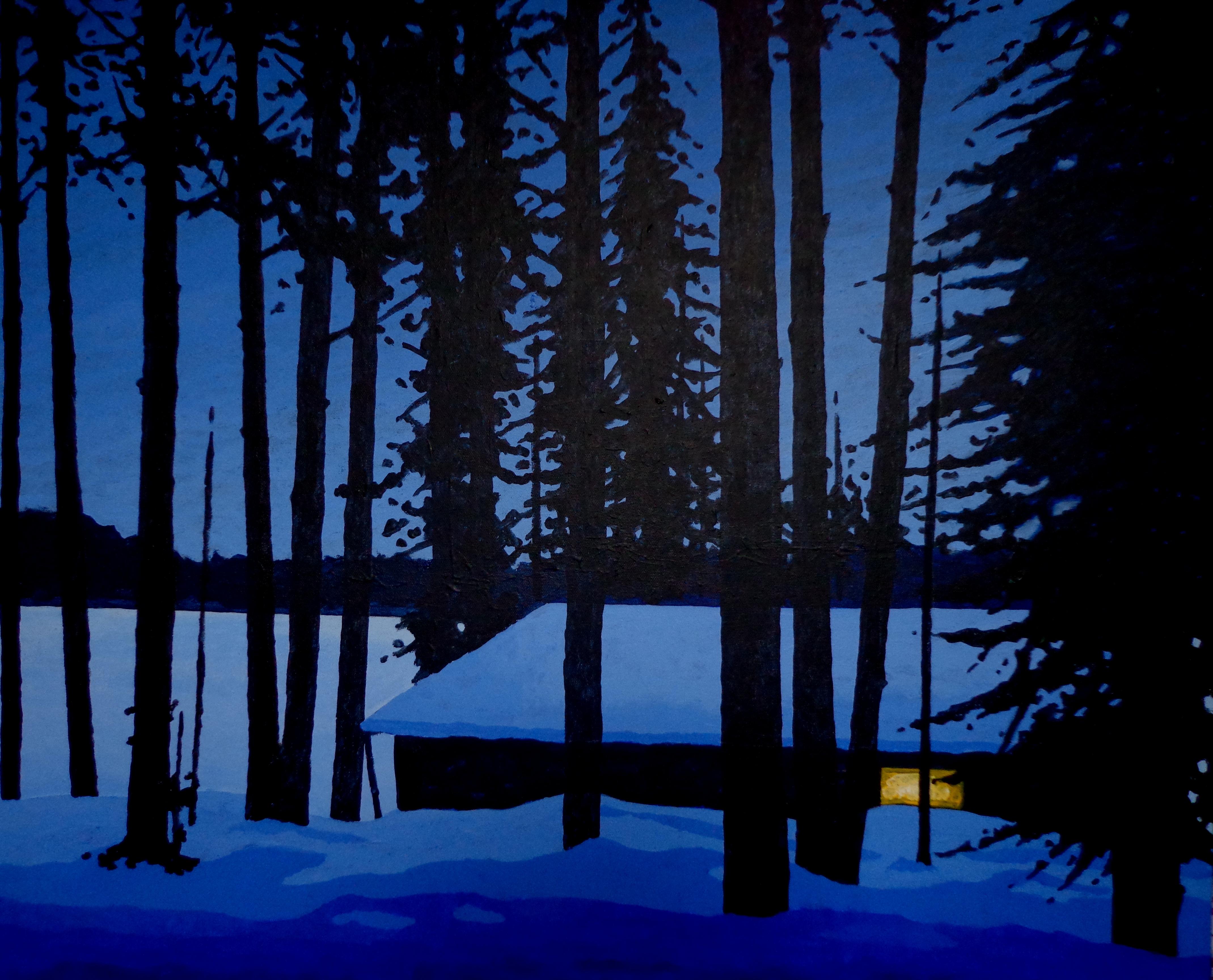 Landscape Painting Ricardo Maldonado - WARM à l'intérieur - Peinture sombre au bord du lac