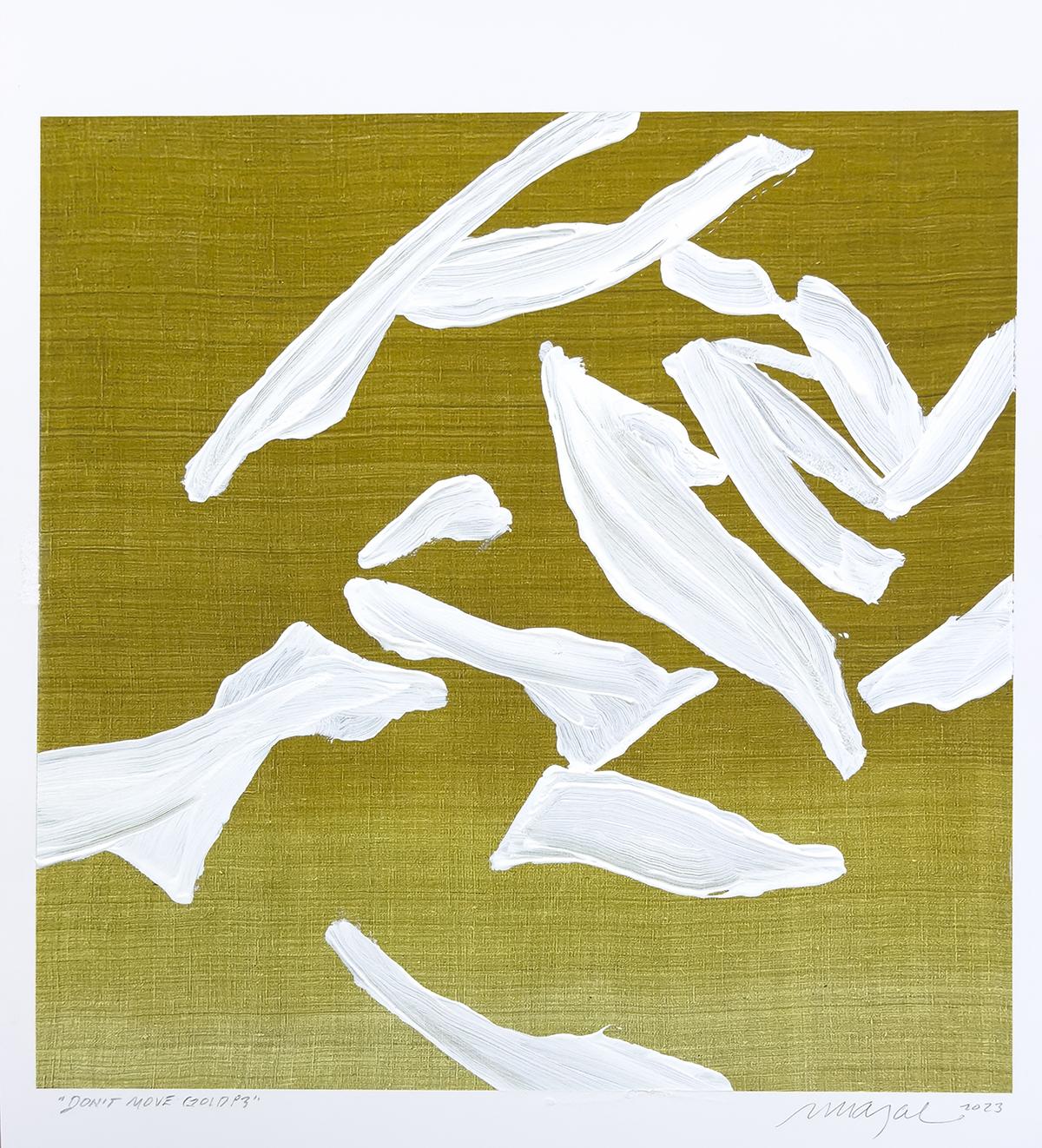 technique mixte, peinture acrylique blanche texturée sur impression photographique dorée - Mixed Media Art de Ricardo Mazal