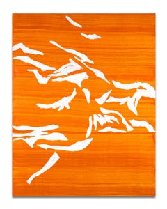 Peinture verticale abstraite, texturée orange et blanc vif sur lin