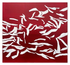 Peinture horizontale abstraite, texturée, blanche et rouge cramoisi sur lin