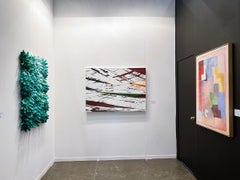 Contemporary Abstract Textured, Green, Red, Orange, White Horizontal Painting