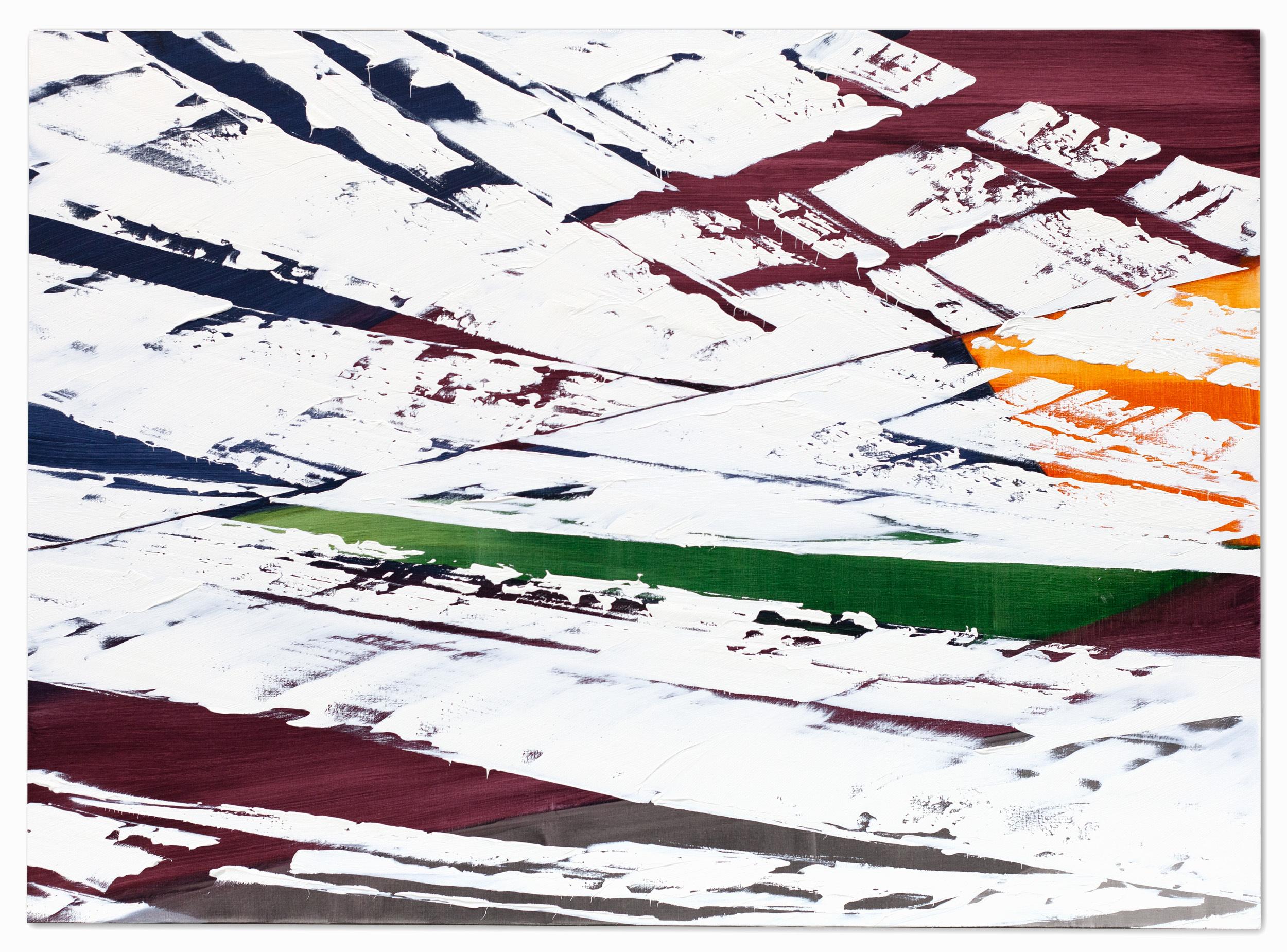 Pittura contemporanea astratta, verde, rossa, arancione e bianca, orizzontale