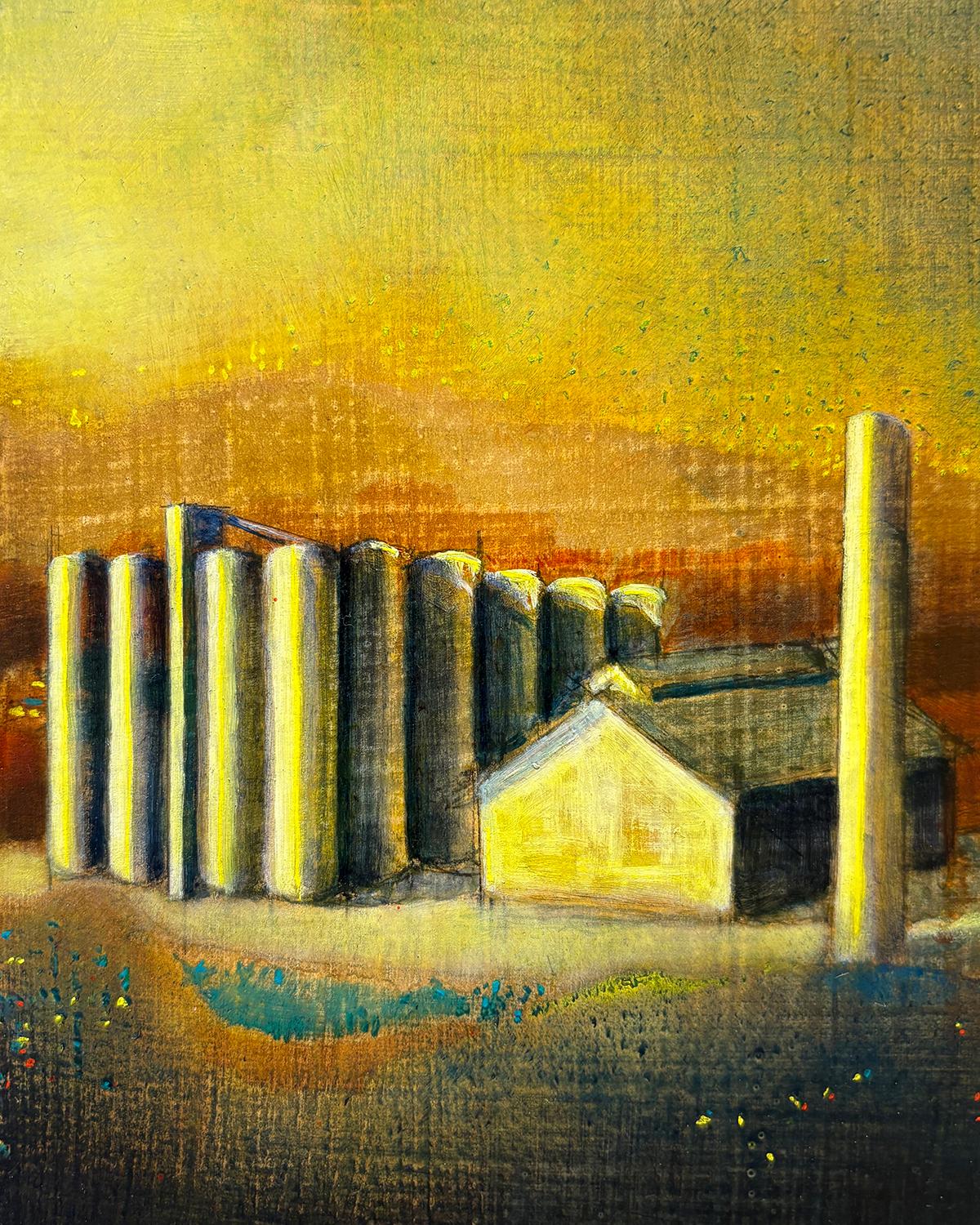 Atlas Concrete (Fabbrica gialla e color ruggine contro un cielo giallo e verde) - Painting di Ricardo Mulero 