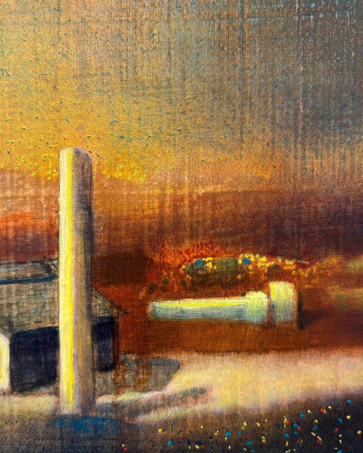 Atlas Concrete (Fabbrica gialla e color ruggine contro un cielo giallo e verde) - Painting Contemporaneo di Ricardo Mulero 