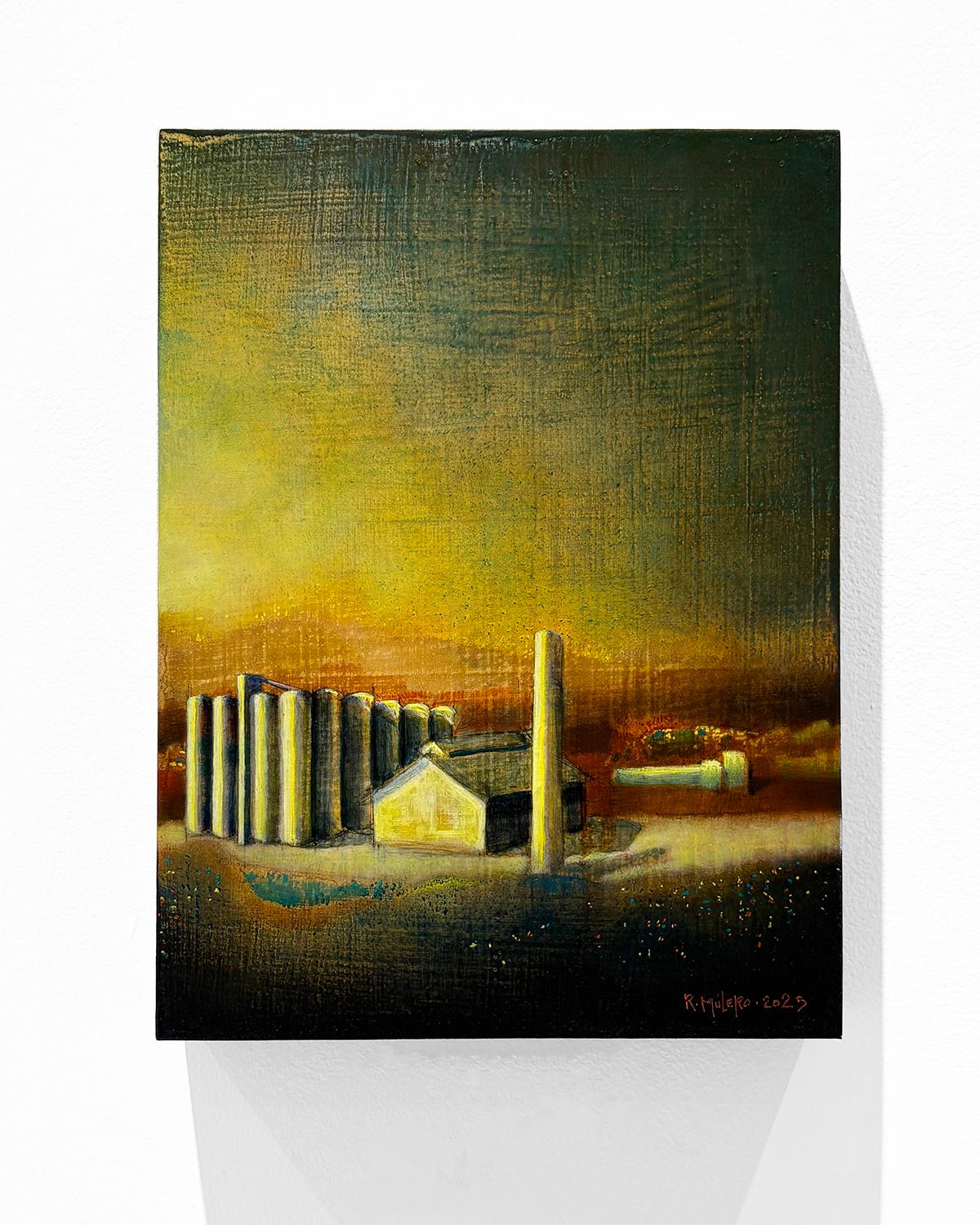 Quadro astratto moderno di una fabbrica su un paesaggio sbiadito di blu e giallo. 
