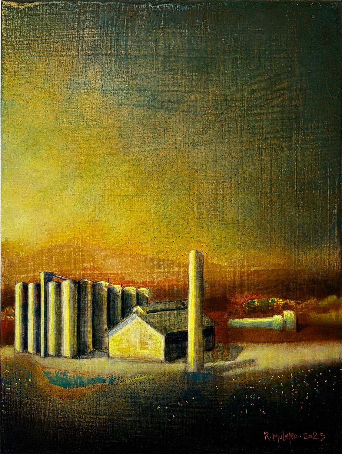 Landscape Painting di Ricardo Mulero  - Atlas Concrete (Fabbrica gialla e color ruggine contro un cielo giallo e verde)