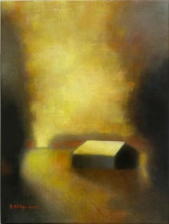 East Orchard (Abstract Landscape Painting of a Country Barn in Soft Earth Tones)