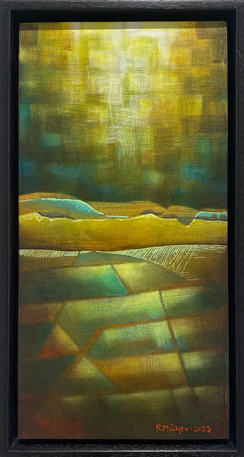 Modern abstract, geometric landscape painting of green and teal mountains against a gestural, expressionistic green and light yellow sky
"Fields, Blue Hill Road", painted by Hudson Valley based artist, Ricardo Mulero in 2023
oil on wood panel, 12 x