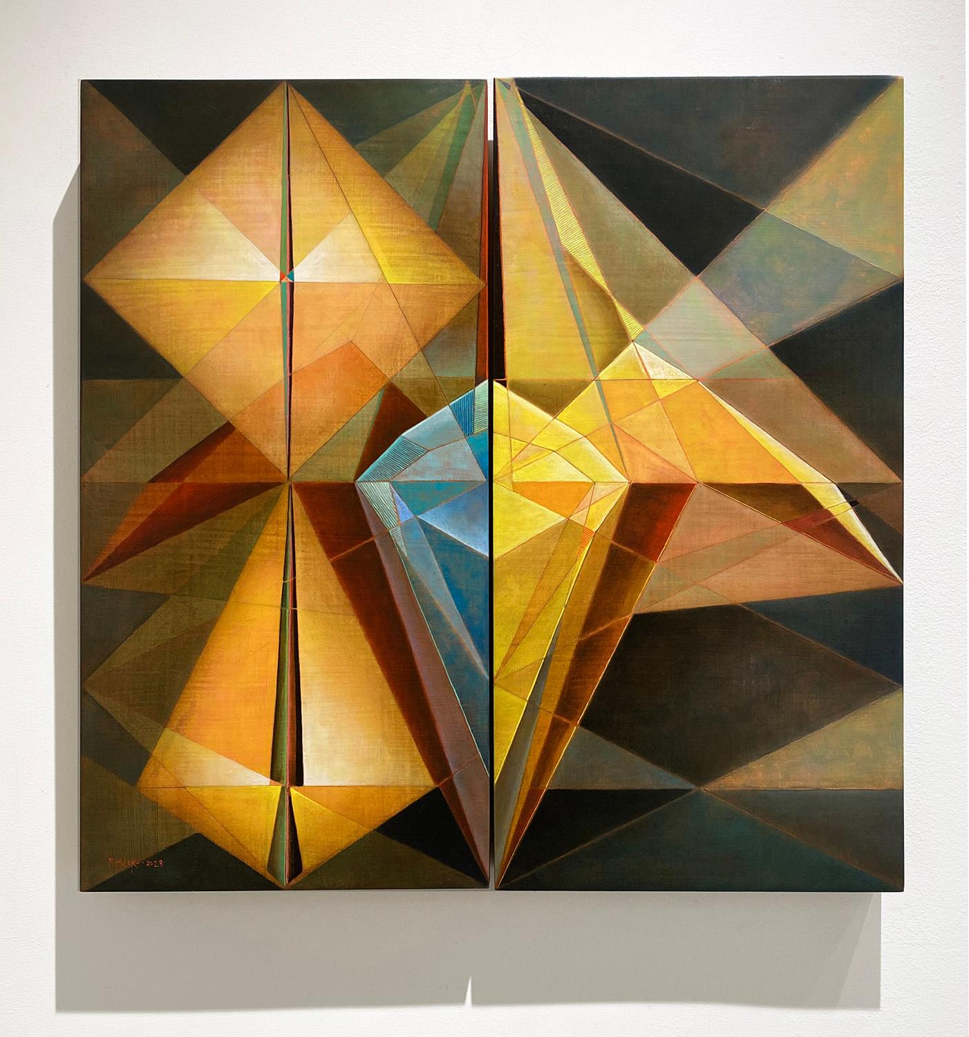 Iris (Zeitgenössisches abstraktes geometrisches Gemälde, Diptychon in Öl) von Ricardo Mulero
24 x 24,5 x 1,75 Zoll
Öl auf zwei Tafeln
Kein Rahmen erforderlich
Signiert in der linken unteren Ecke

Zeitgenössisches abstraktes geometrisches