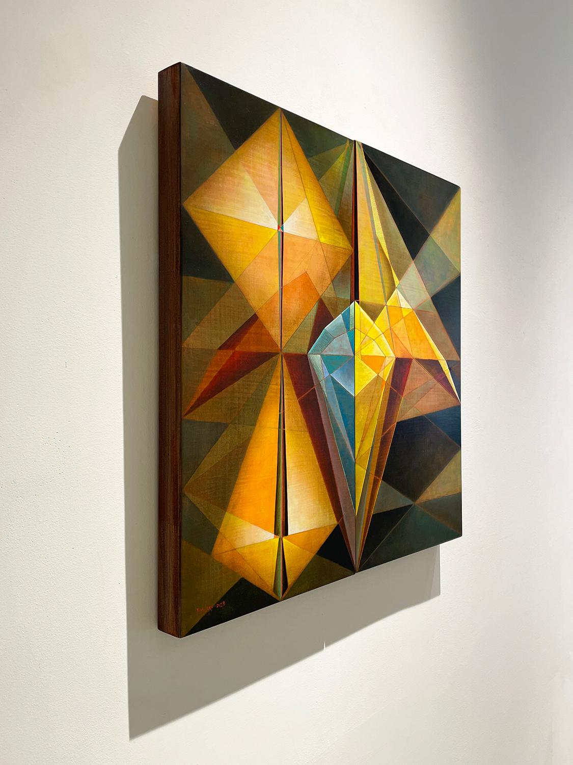 Iris (Contemporary Abstract Geometric Painting, Diptych in Oil) by Ricardo Mulero
24 x 24.5 x 1.75 inches
Oil on Two Panels
No frame necessary
Signed on bottom left corner

Contemporary Hard Edge Abstract Geometric Origami painting in oil on two
