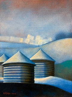 Silos metallici sul Mud Creek (paesaggio agricolo in bianco e blu)