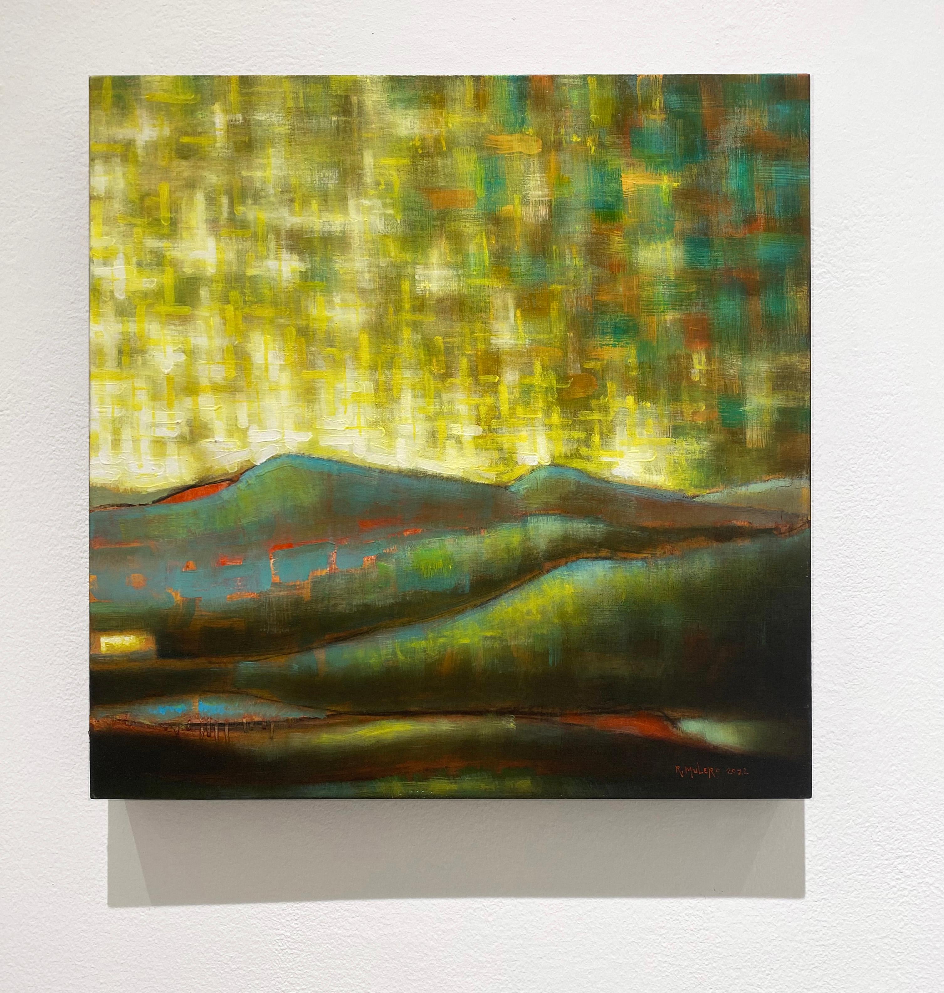 Modern abstract landscape painting of green and teal mountains against a gestural, expressionistic green and light yellow sky
